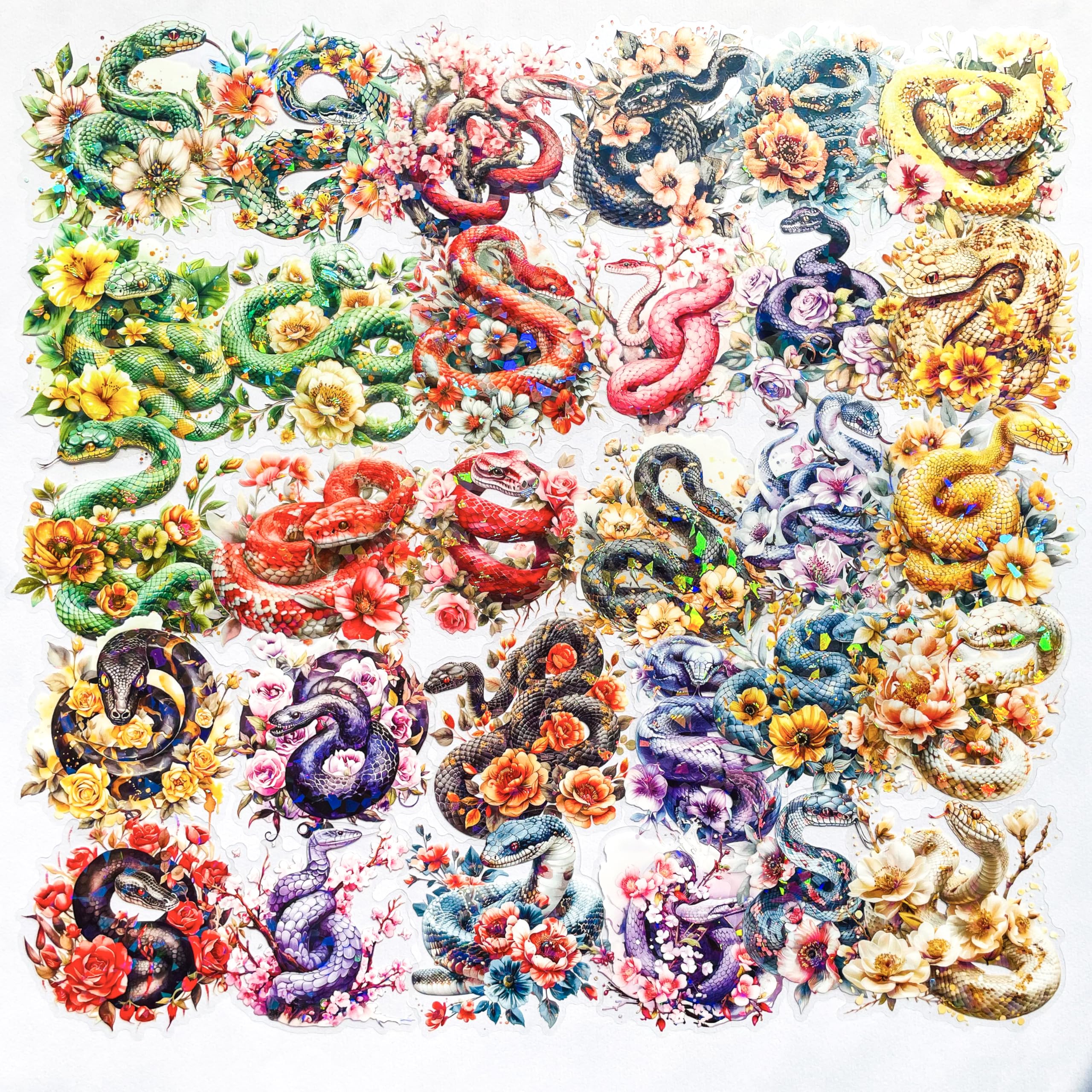 30-Pack Large Holographic Floral Snake Reptile Clear Scrapbook Stickers – Vibrant Serpent Decals with Flowers for Journals, Laptops, Water Bottles,