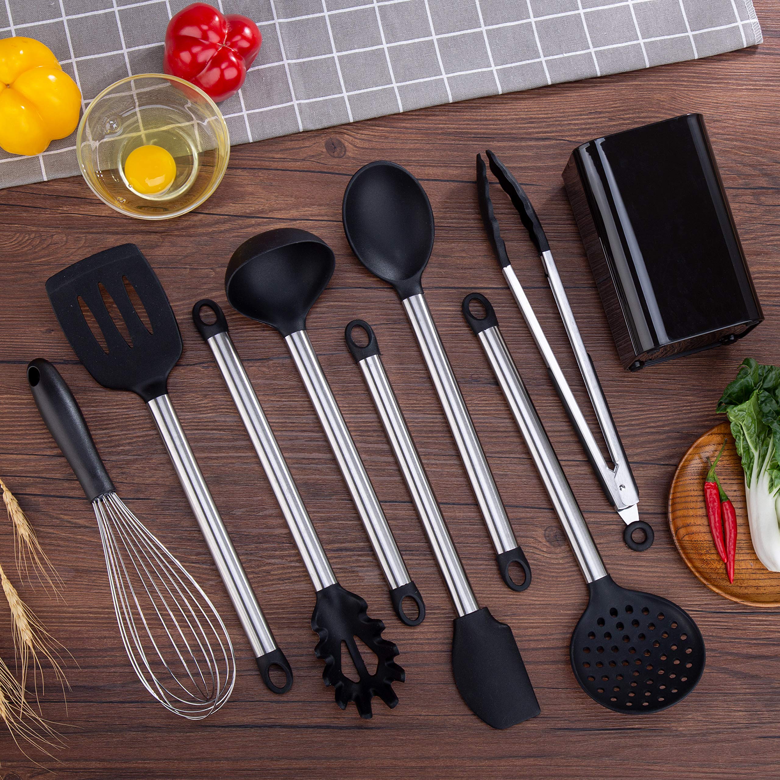 Bezal - Premium Stainless Steel Kitchen Utensil Set (8 Piece) – Stainless Steel and Silicone with Non-Stick & Heat-Resistant Kitchen Ware Set, Kitchen Tools Set