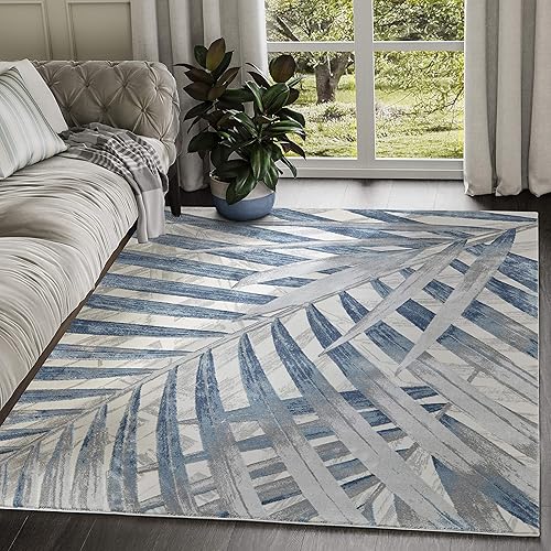 Abani Nova Collection - Alfombra de 8 pies 11 pulgadas x 12 pies, diseño floral de hoja de palma, color azul, gris y beige, alfombra de estilo disponible en Yaxa Peru