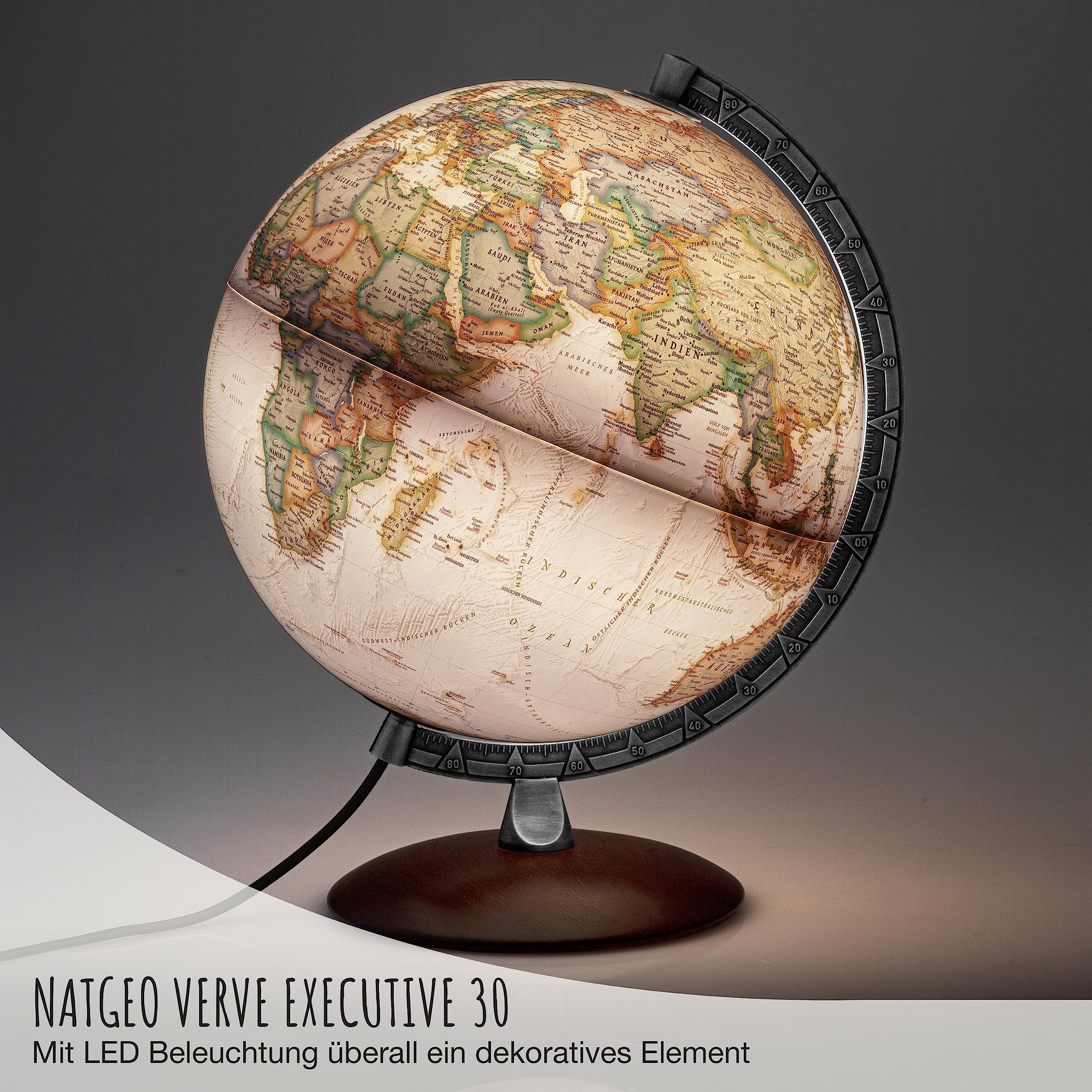 National Geographic Verve Executive Antik-Globus - 30 cm Globus mit politisch-physischer Kartografie in deutscher Sprache, beleuchtet und mit drehabren Holzfuß und Metallmeridian