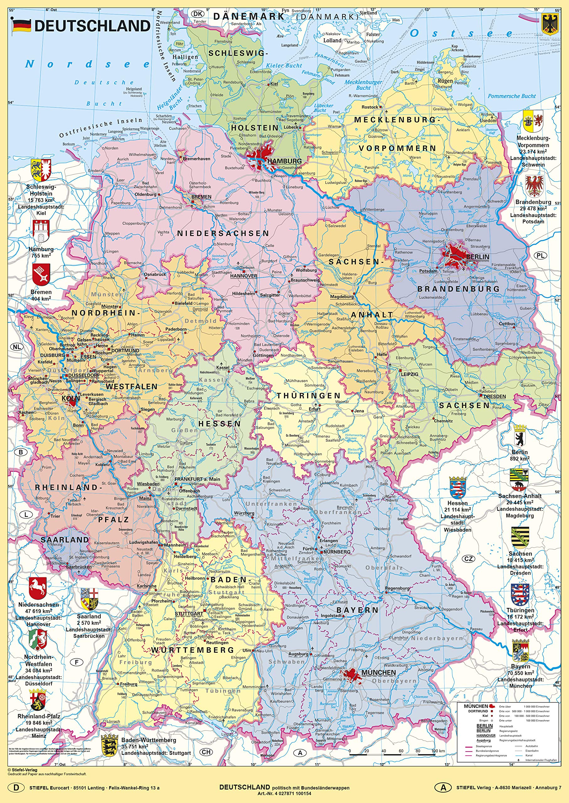 Deutschland politisch mit Bundesländerwappen - Lernposter