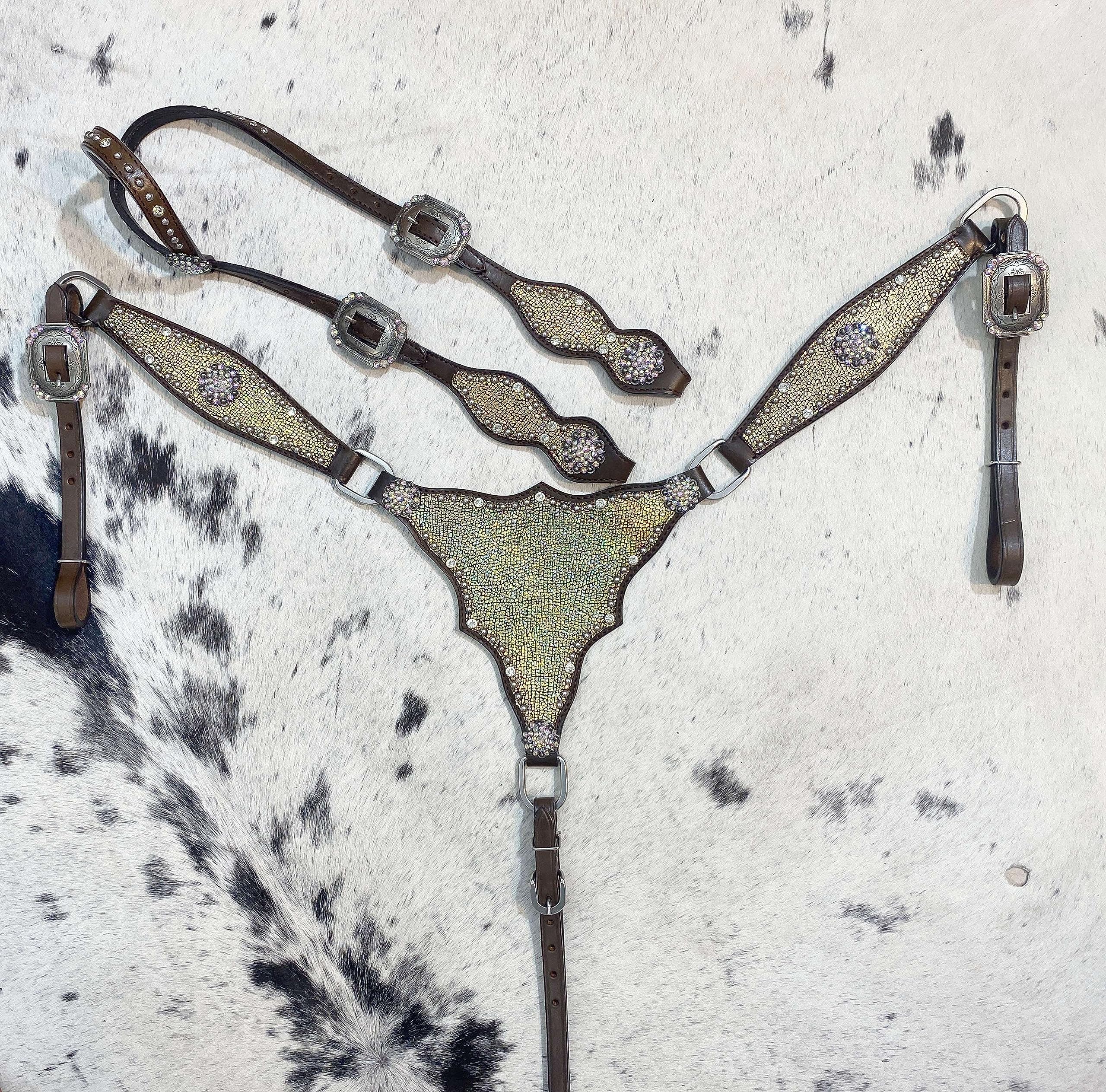 Ensemble Bride De Cheval Western - Collier De Poitrine - Vrai Cuir De Vache Argentin - Neuf