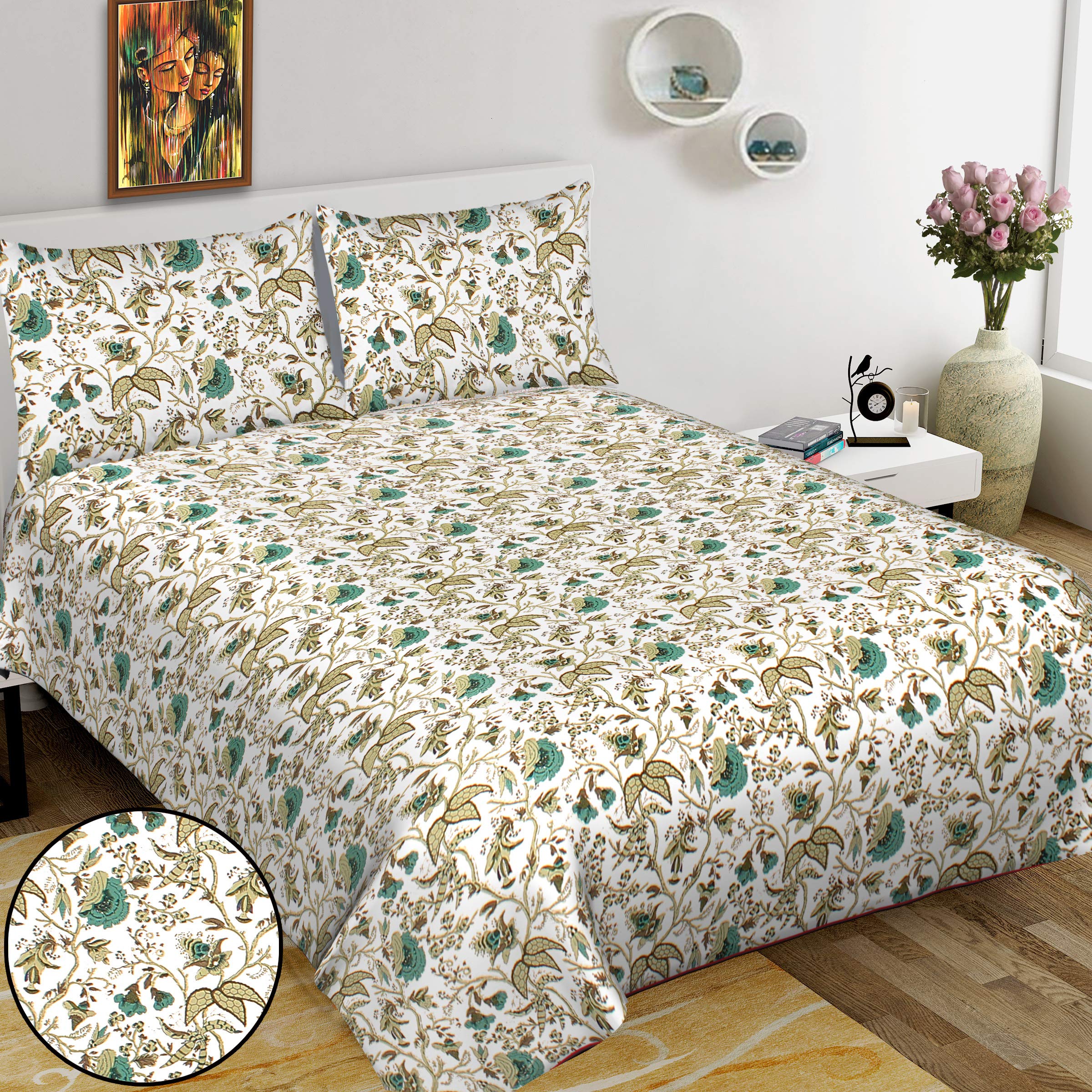 RHF 300 TC Super King 100% Cotton Traditional Bedspread Bed Cover Floral Design Double bedsheet with 2 Pillow Covers (8 Feet X 9 Feet, 100" X 108") Multi-47-picture-17