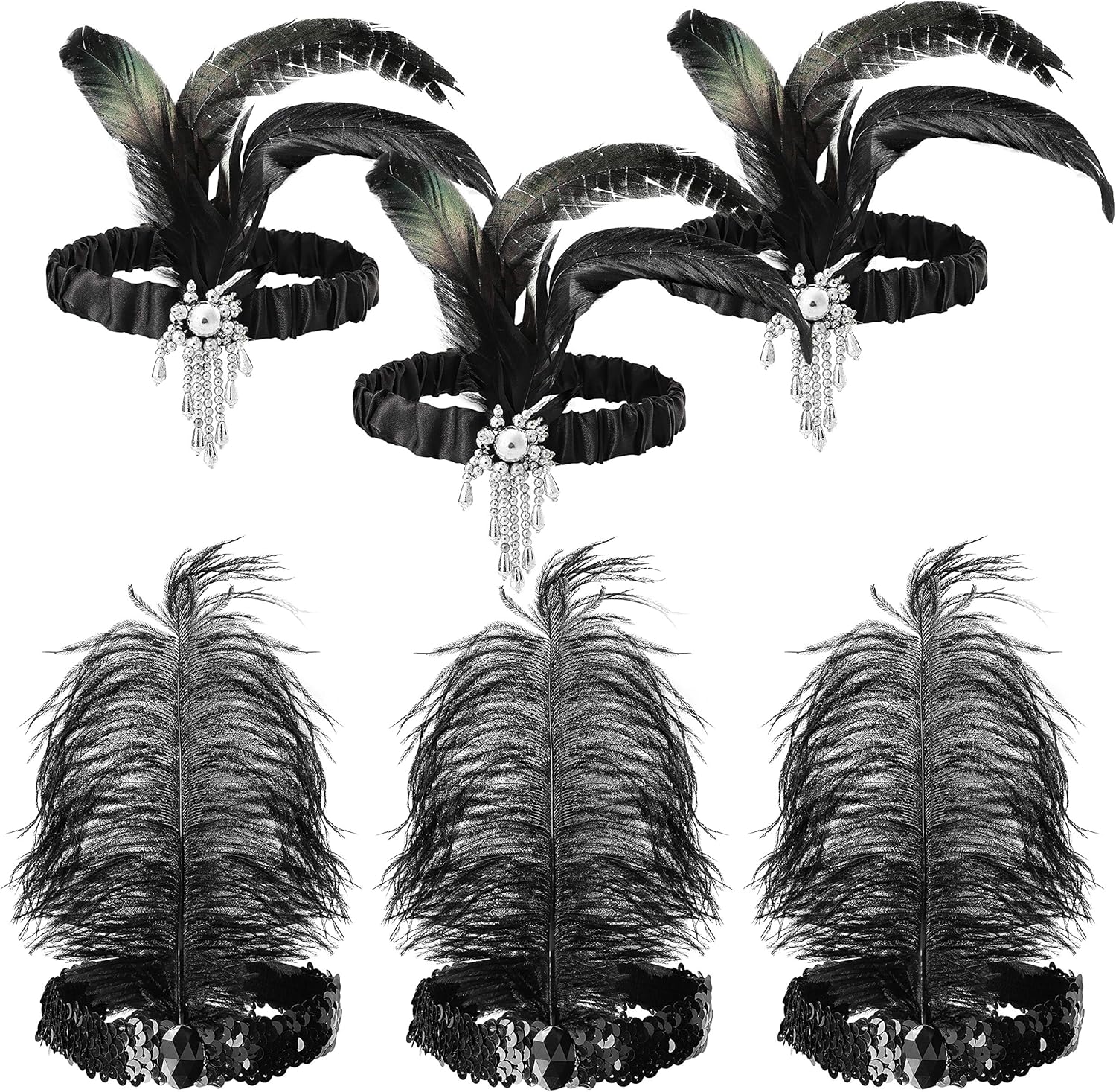 WATINC 6pcs Black 1920s Feather Headband Set, Vintage Costume Accessory for Women, Great Gatsby Themed Party