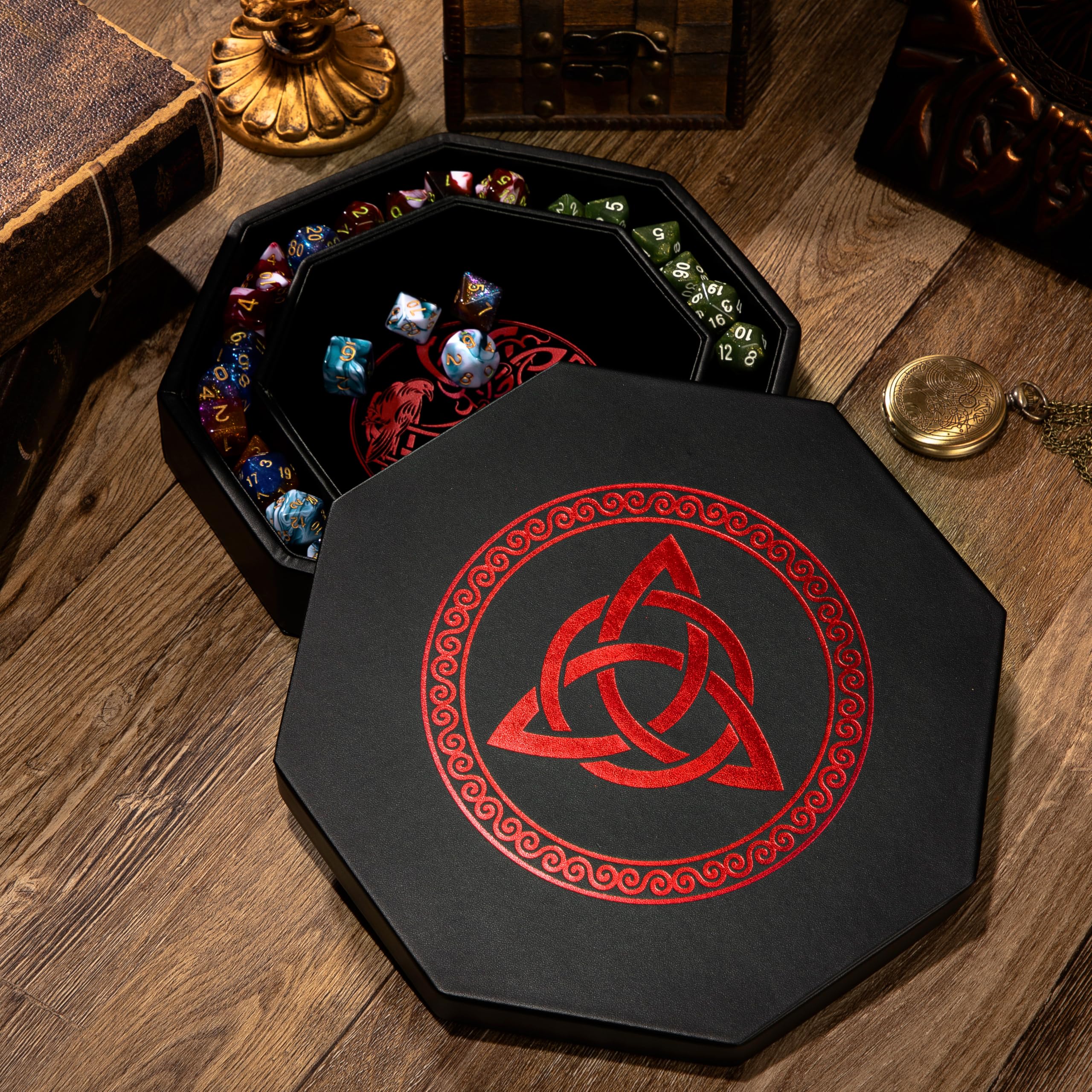 DND - Bandeja de dados de 8 pulgadas, diseño de mazmorras y dragones de alta calidad, diseño exquisitamente detallado de árbol del mundo rojo y triquetra, perfecto para enrollar y almacenar tus dados