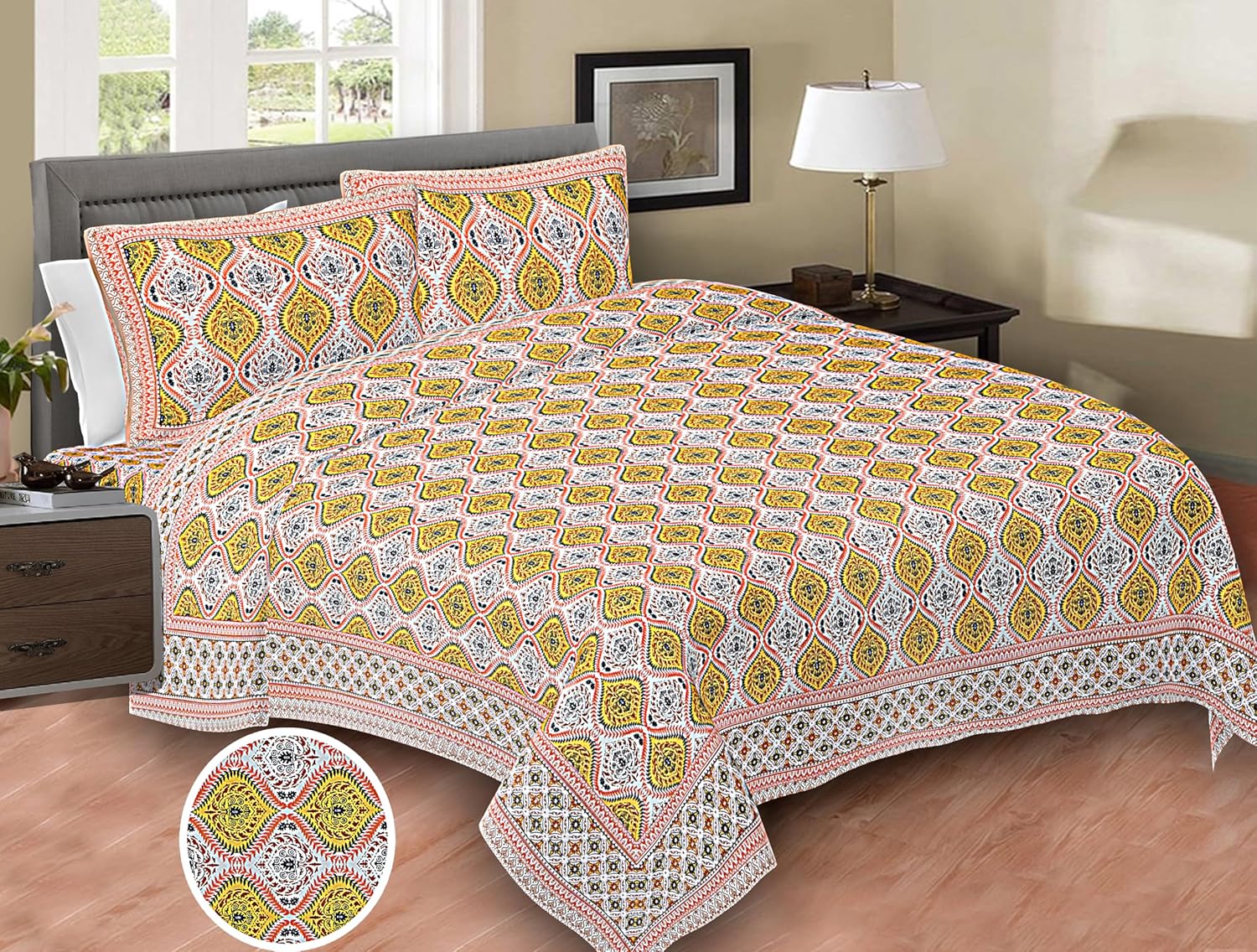 Soft Cotton King Size Bedsheet for Double Bed with 2 Pillow Covers 280 TC Flat Sheet Jaipuri Print Double BedSheet Cotton(Size 100 X 108 Inches) (Multicolor-03)