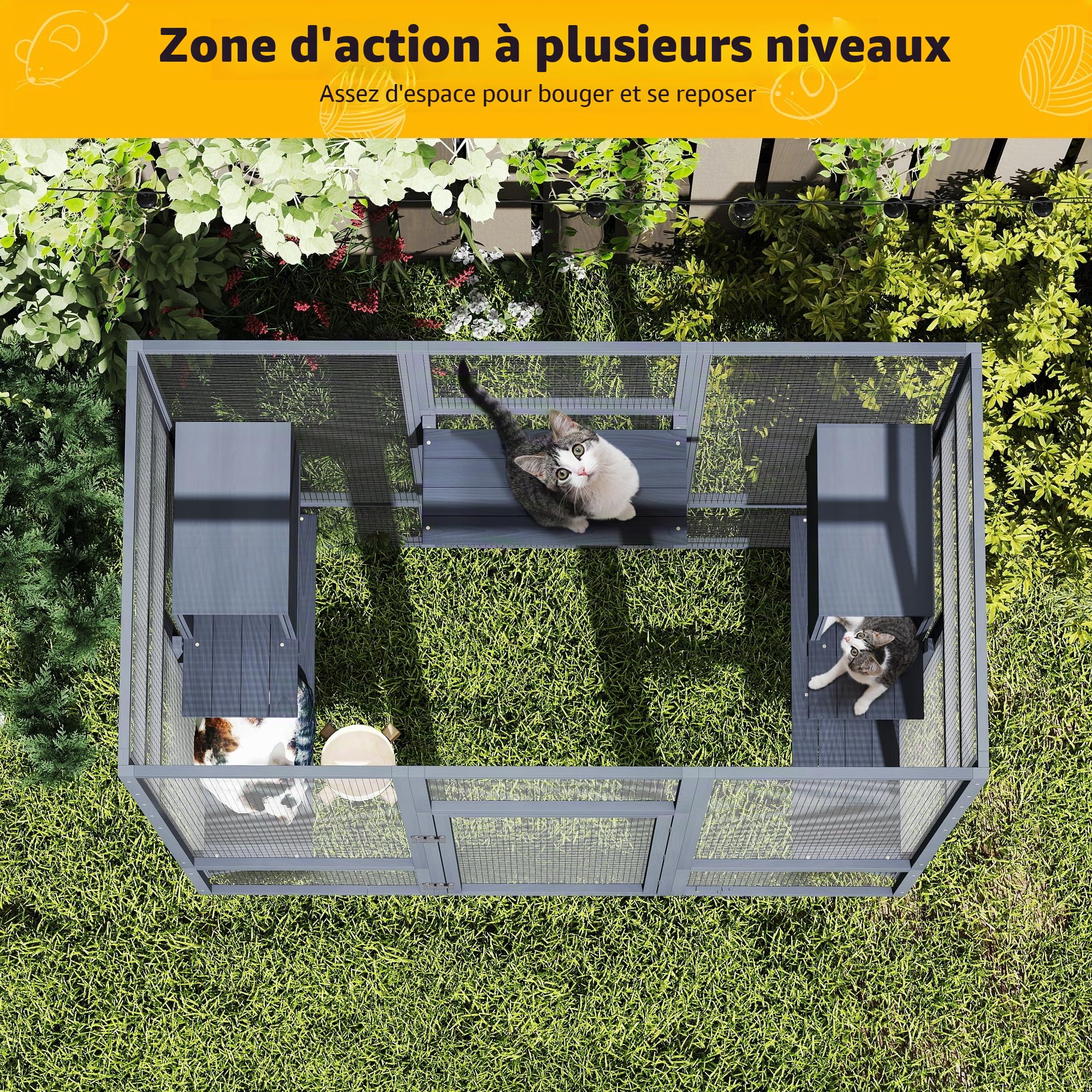 Catio Enclos pour chat d'extérieur - 159 x 82 x 178 cm - Motif chaton - Maison pour chat avec ponts, promenades, petites maisons, couverture de toit (gris foncé)