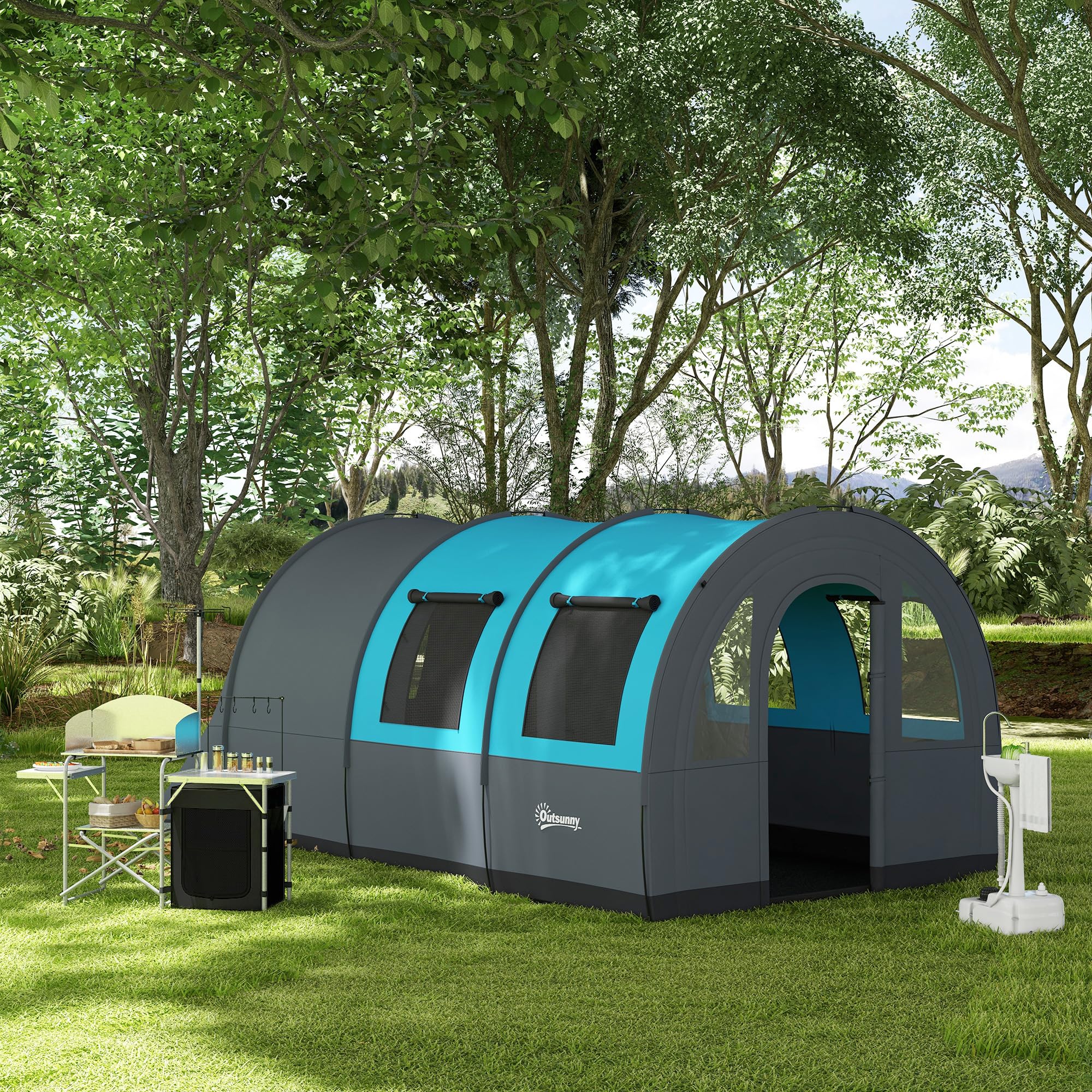 Outsunny Tente de Camping 3 Personnes Tente de Trekking légère ventilée étanche 3000 mm avec 2 Portes de Chambre et Sac de Transport Montage Facile, imperméable 480 x 260 x 200 cm