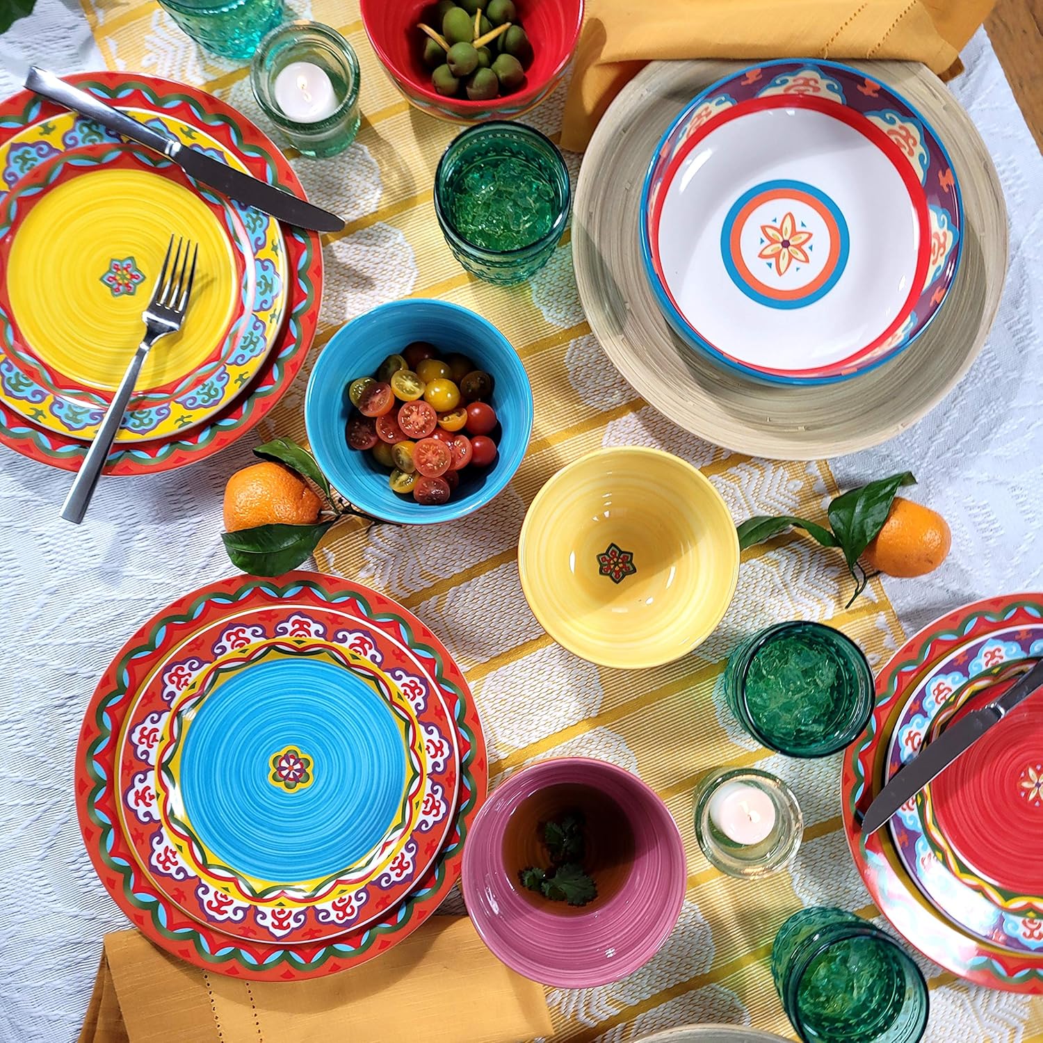  | EuroCeramica Galicia Andalusian-Inspired Collection, Pasta Bowls Set of 4, Vibrant Assorted Patterns, Multicolor Design: Dinnerware Sets