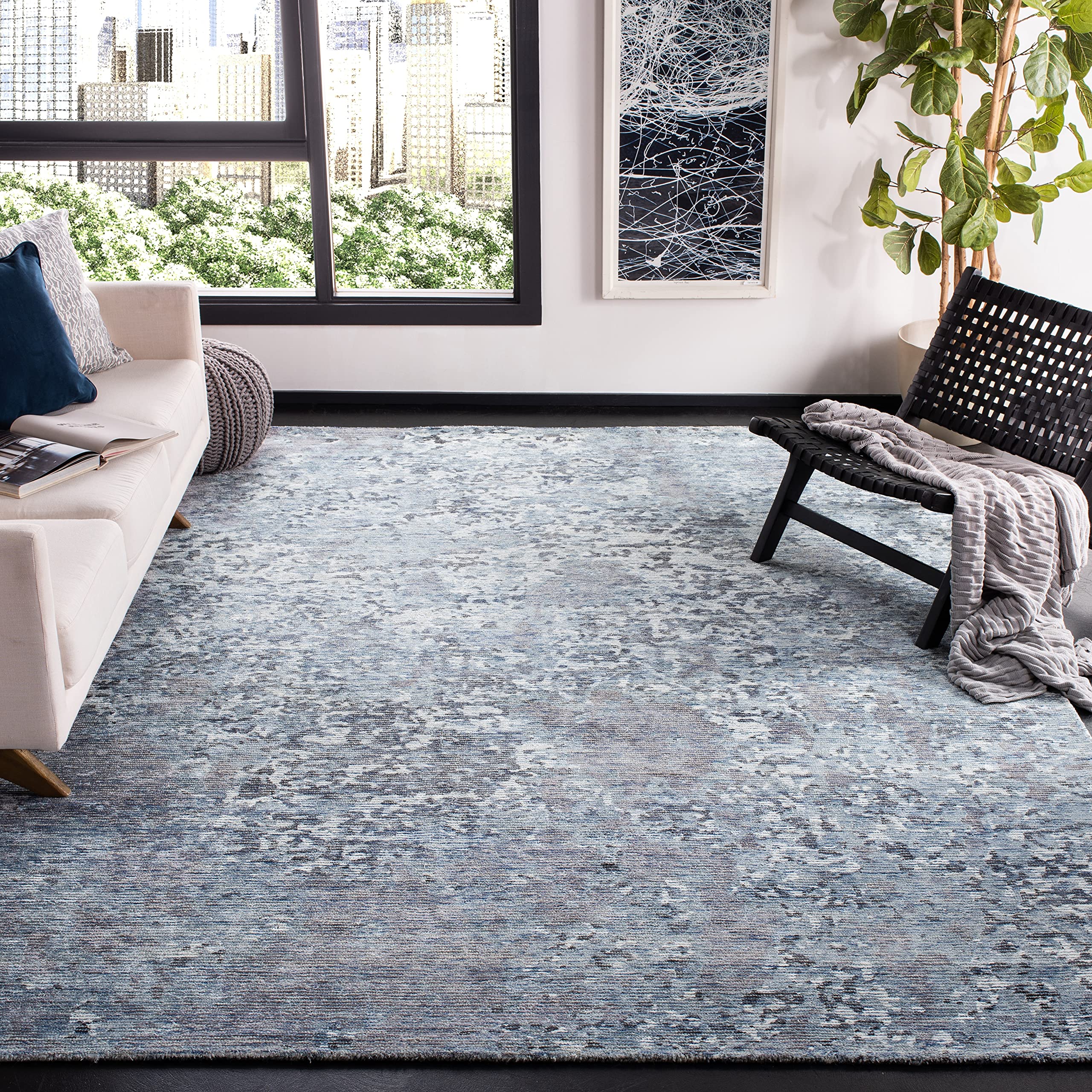 SAFAVIEH Mirage Collection Area Rug - 9' x 12', Grey & Ivory, Handmade Modern Abstract Wool & Viscose, Ideal for High Traffic Areas in Living Room,