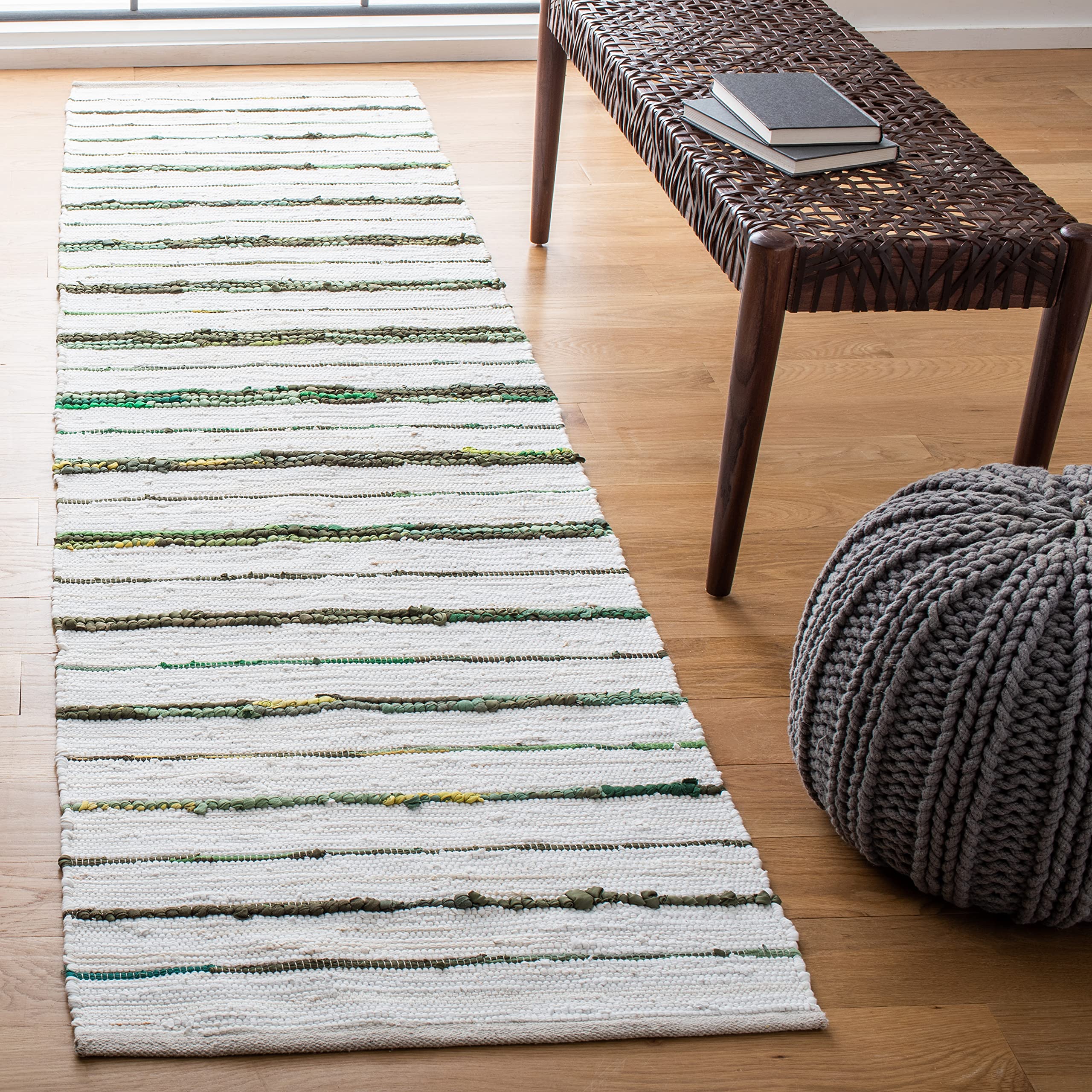 SAFAVIEH Montauk Collection Runner Rug - 2'3" x 9', Green & Ivory, Handmade Stripe Cotton, Ideal for High Traffic Areas in Living Room, Bedroom (