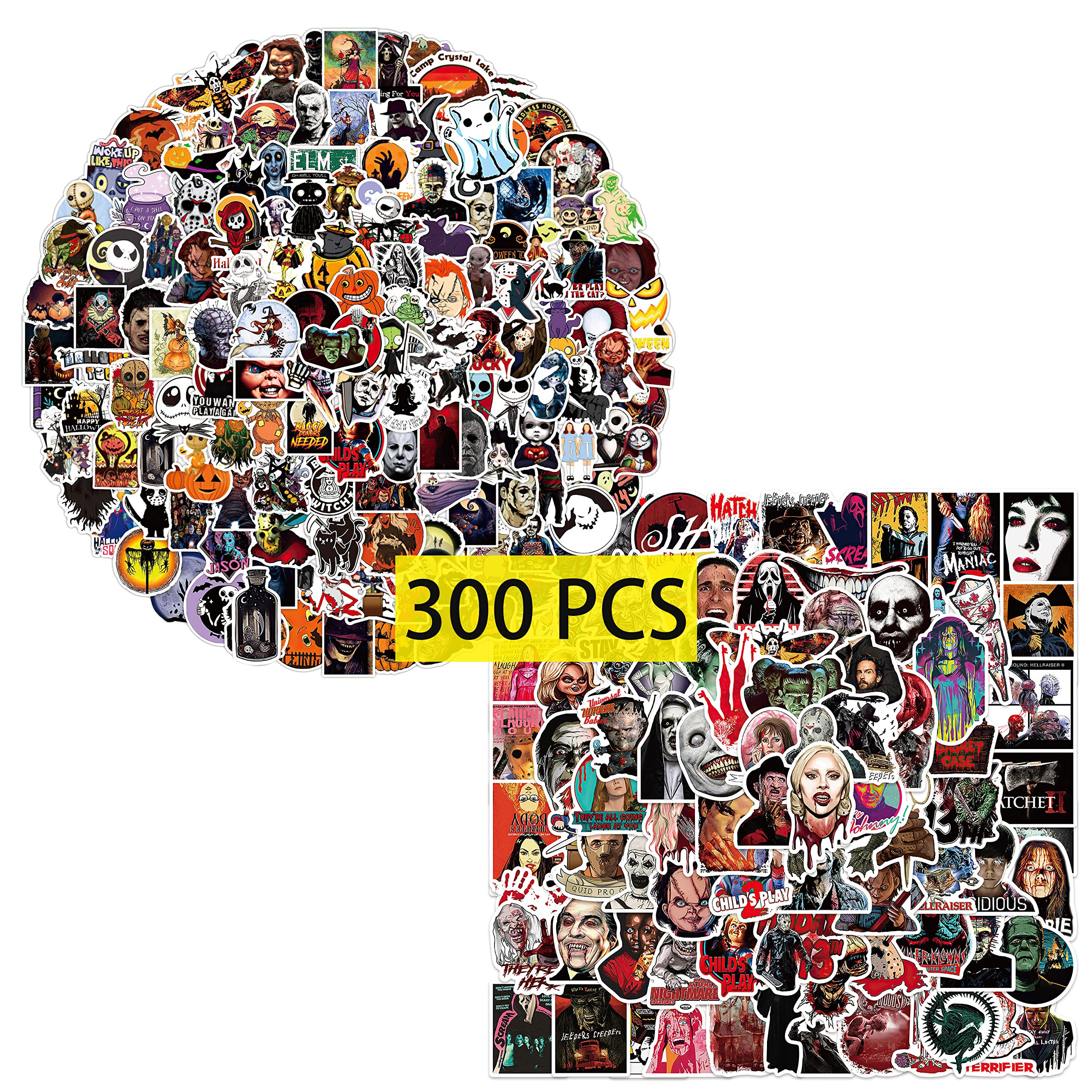 GTOTd Horror Movie Stickers (300 Pcs) Gifts Merch Halloween Party Supplies Vinyl Decor for Laptop Skateboard Guitar Luggage Water Bottle for Teens