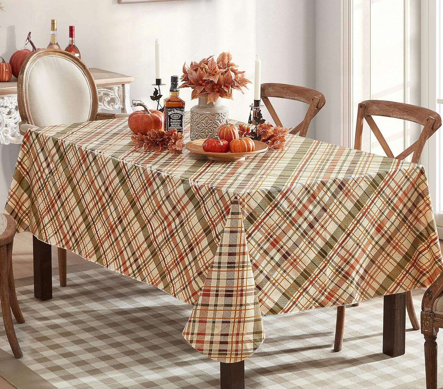 Newbridge Thanksgiving Diagonal Plaid Vinyl Flannel Backed Tablecloth - Green, Rust and Brown Plaid Wipe Clean Easy Care Fall Tablecloth, 60 x 120 inch Rectangle