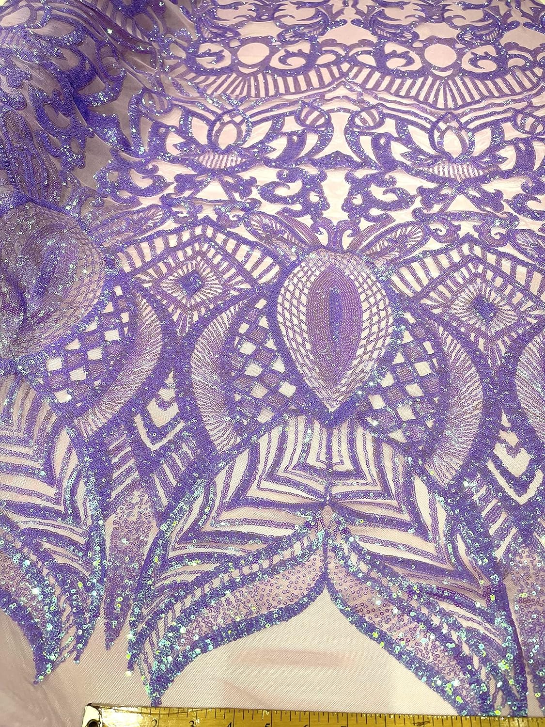New Creations Fabric & Foam Inc, Iridescent Royalty Design On A 4 Way Stretch Mesh/Prom Fabric (5 Yards, Lilac Iridescent on Lilac Mesh)
