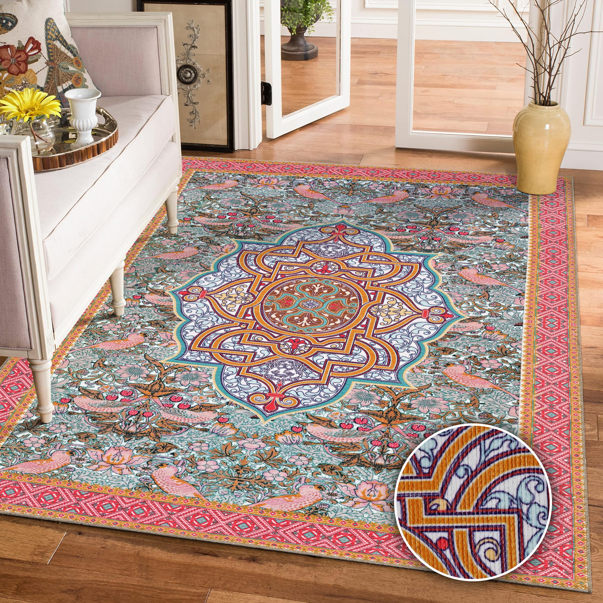 Kaleen India Traditional Rug in a Bag-Washable Indoor/Outdoor Rugs for Bedroom/Living Area/Home Anti-Skid Backing, Polyester Self Backing for Longevity (Rectangle,9X12), AARKA Multi