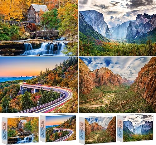 Rompecabezas para adultos, rompecabezas de 1000 piezas, paquete de 4 1000 piezas para el parque nacional Zion & Yosemite y Glade Creek Grist Mill y
