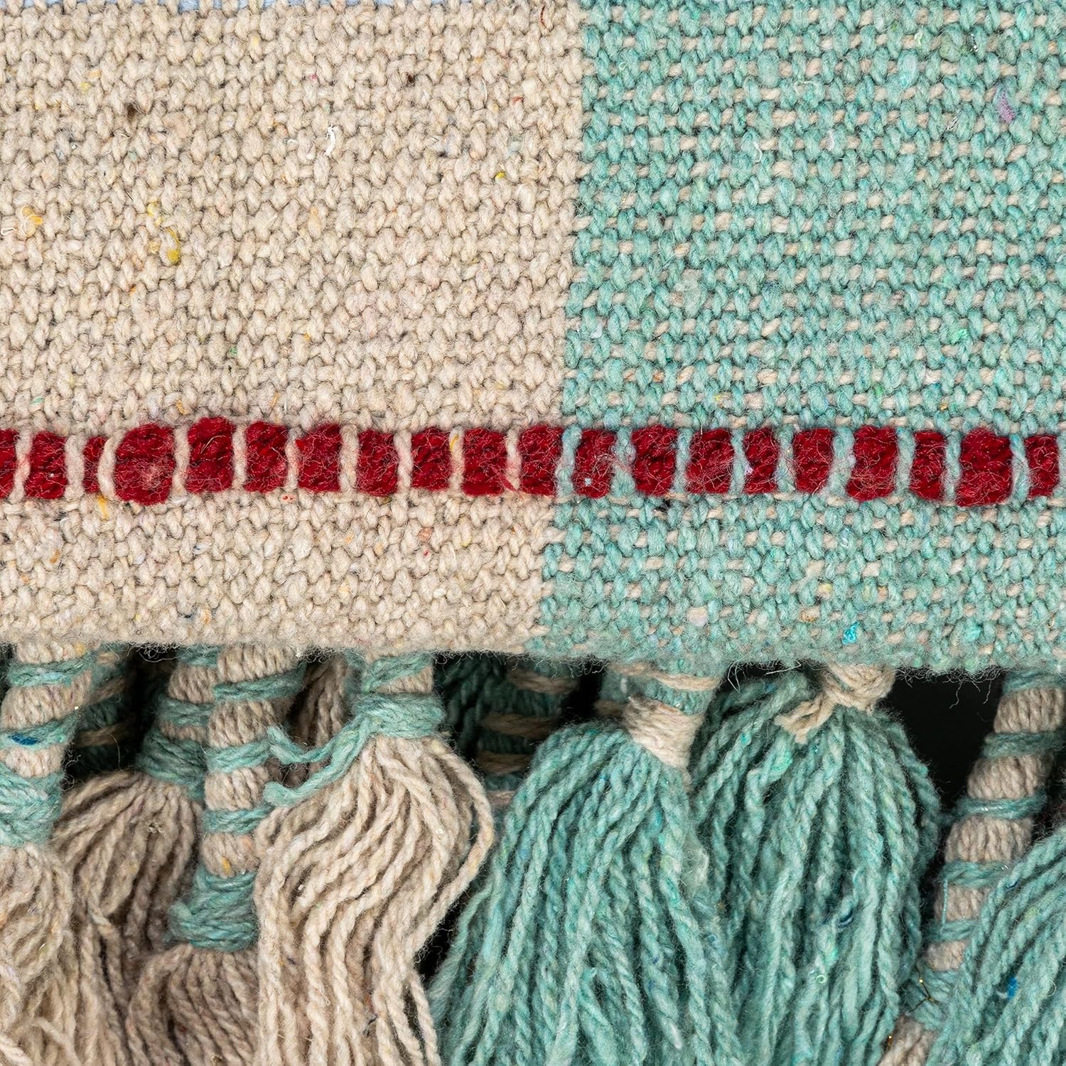 Woven Recycled Cotton Blend Throw Blanket with Plaid Pattern and Braided Fringe, Multicolor - Image 3