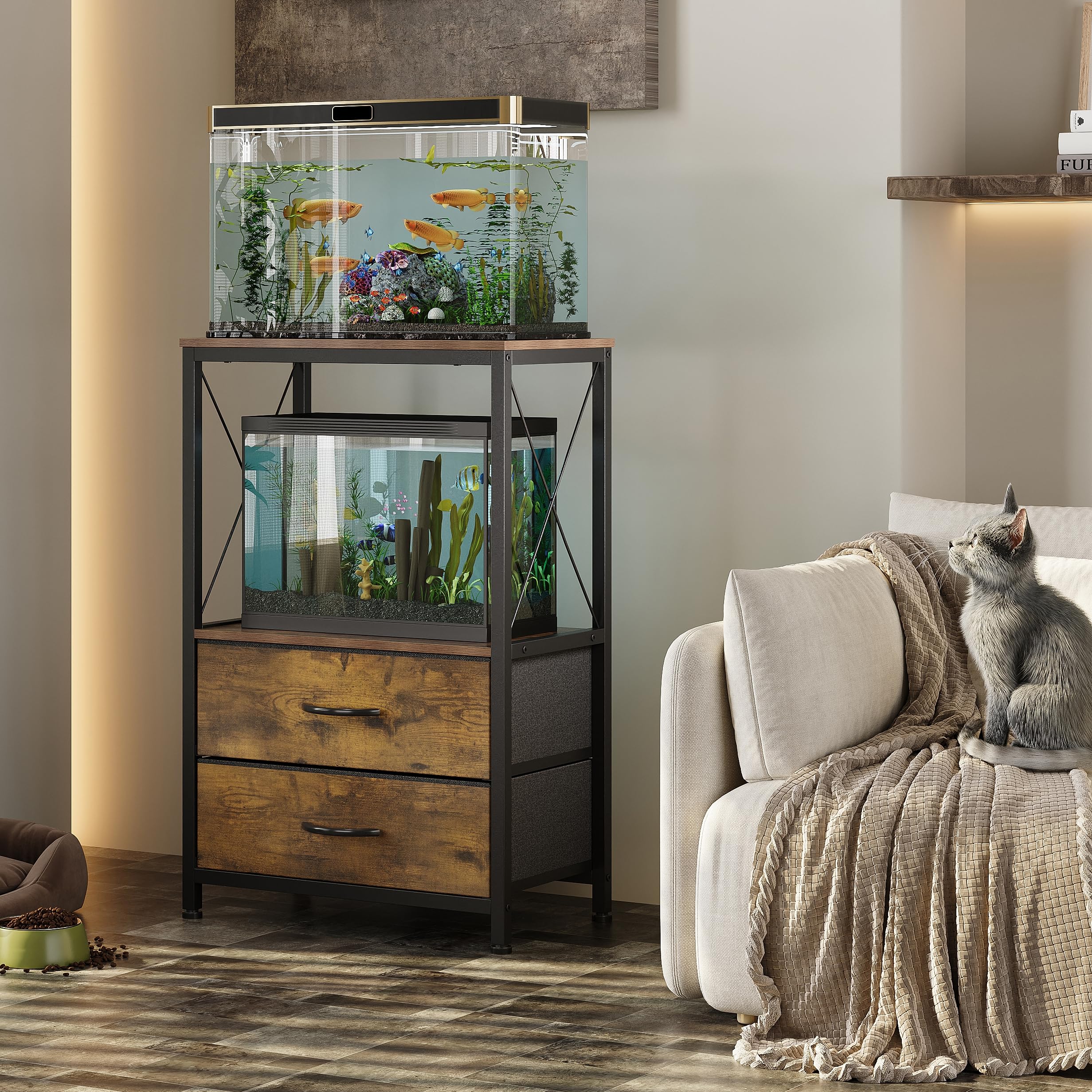 Soporte para acuario, 38 L, con 2 cajones, para peces, tortugas y reptiles, mesa de 2 niveles, marrón rústico