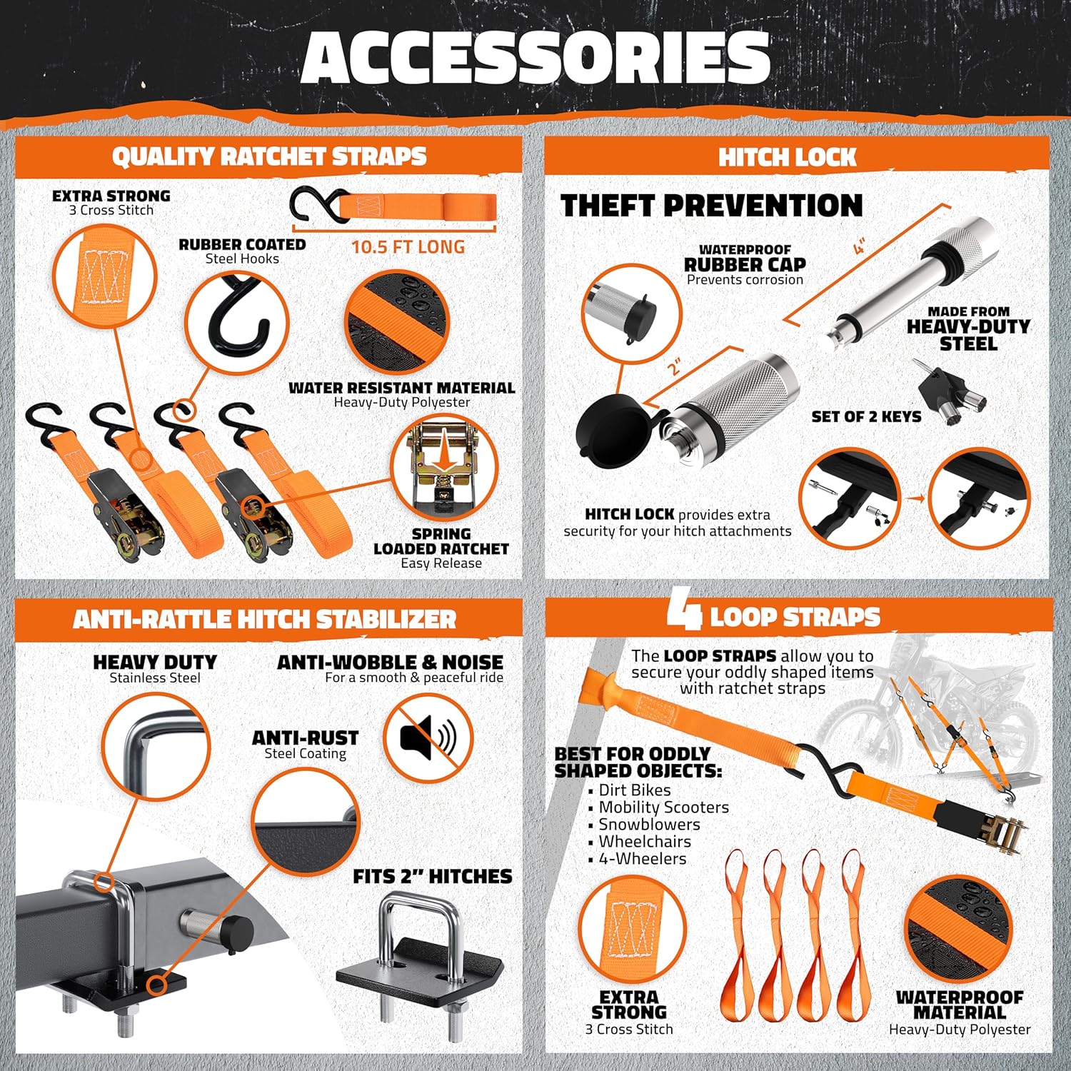 Mockins 83" Tilting Motorcycle Hitch Carrier | Heavy Duty 500 Lbs. Capacity eBike Rack with Ramp for Up to 5.5"W Tires | Dirt Bike Carrier Hitch Mount Set w/ License Plate Holder, Stabilizer, & Straps