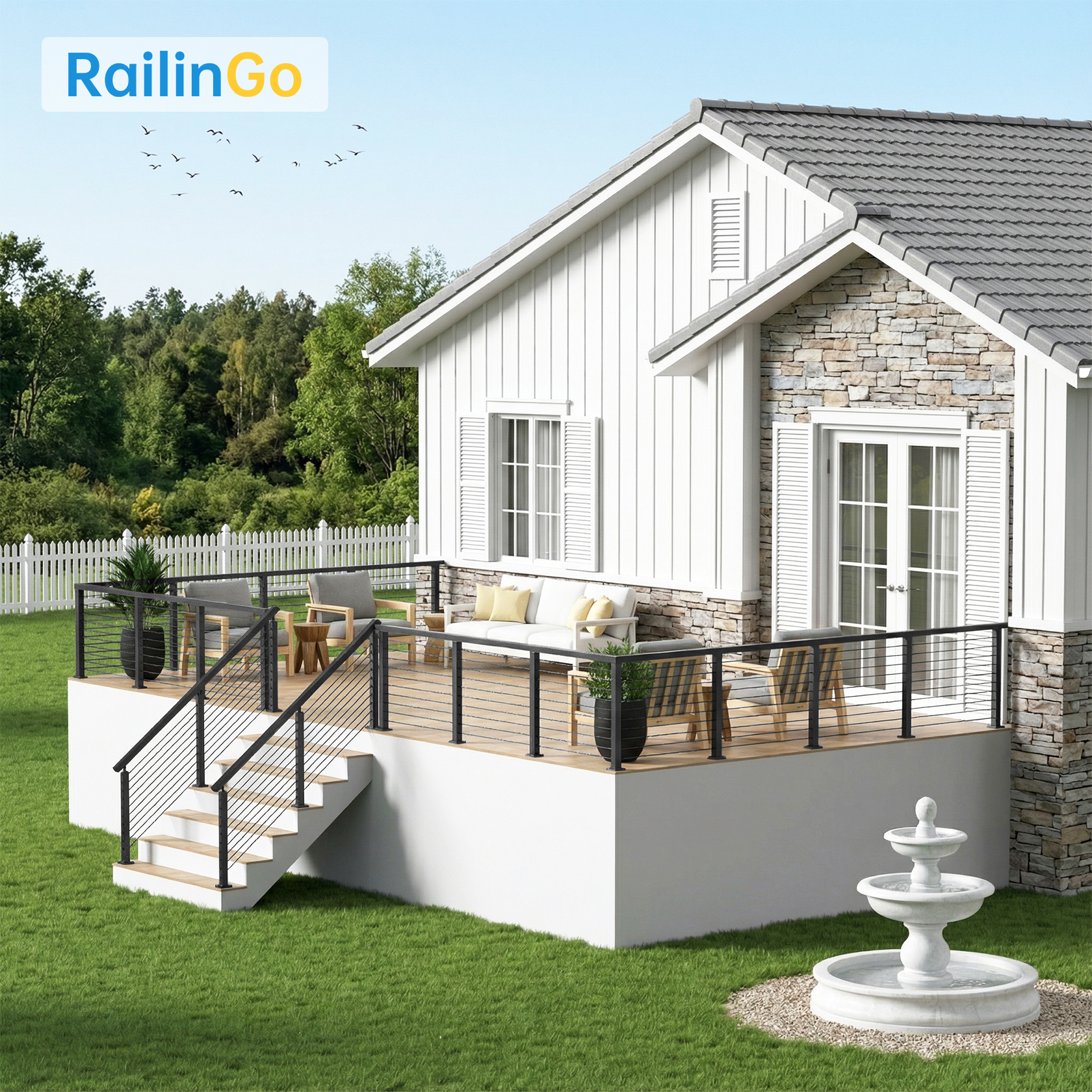 Image of 36 inch Complete Set Cable Railing Post Kits, Wire Railing System Includes 2Pack Updated 35 inch Level Drilled Posts, 4.5FT Cable Handrail, 1 /8 inch 150FT Wire Rope, Swageless Deck Cable Railing System