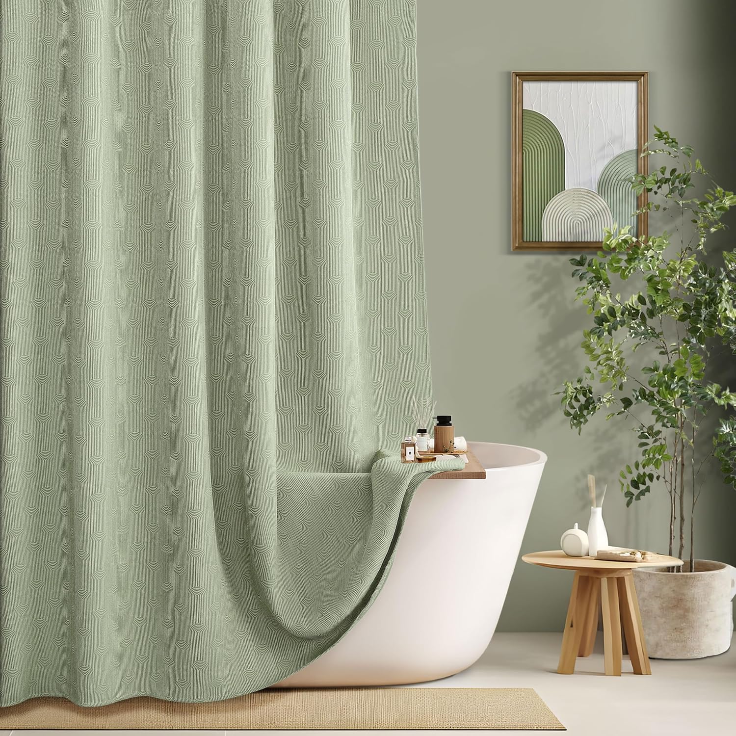 Sage Green Shower Curtain Boho Cotton Texture Mid Century Minimalist Arch Shower Curtain for Bathroom,72" W X 78" L