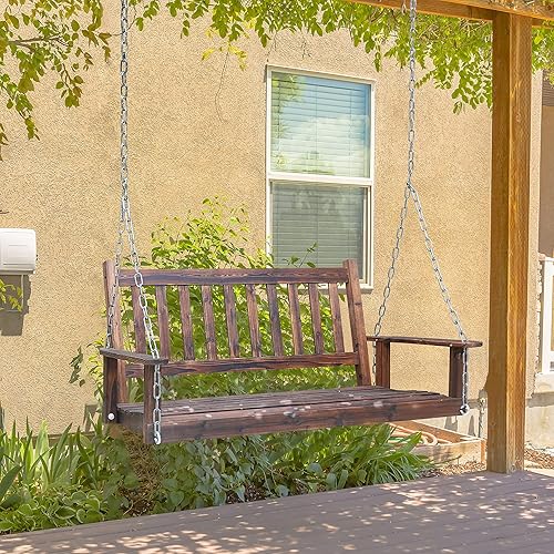 Miniatura 3 de MUPATER Columpio de madera colgante para patio al aire libre de 4 pies con cadenas, banco de columpio resistente para 2 personas para jardín y
