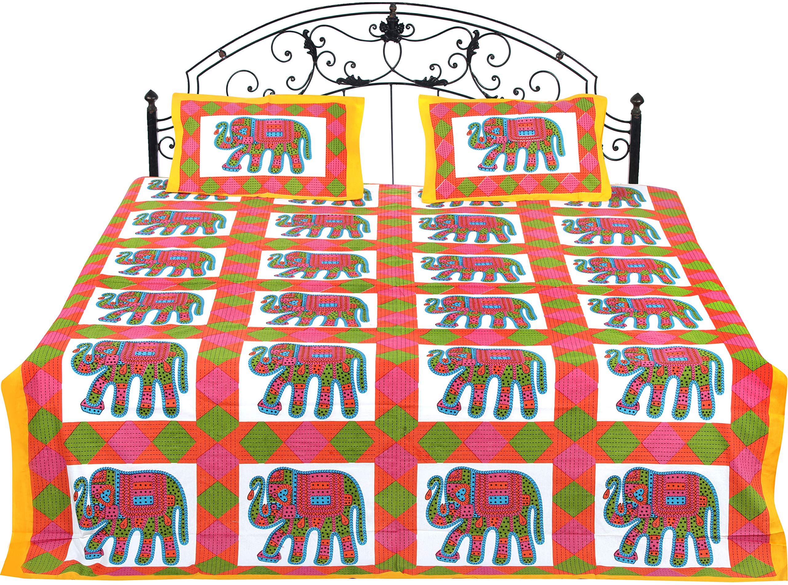 Exotic India Ivory Bedspread from Jodhpur with Printed Multicolored Elephants All-Over - Pure Cotton