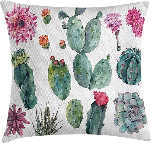 Ambesonne Funda de cojín con diseño de naturaleza, diseño de acuarela, diseño botánico del desierto, caricatura de plantas de cactus, flores, picos,
