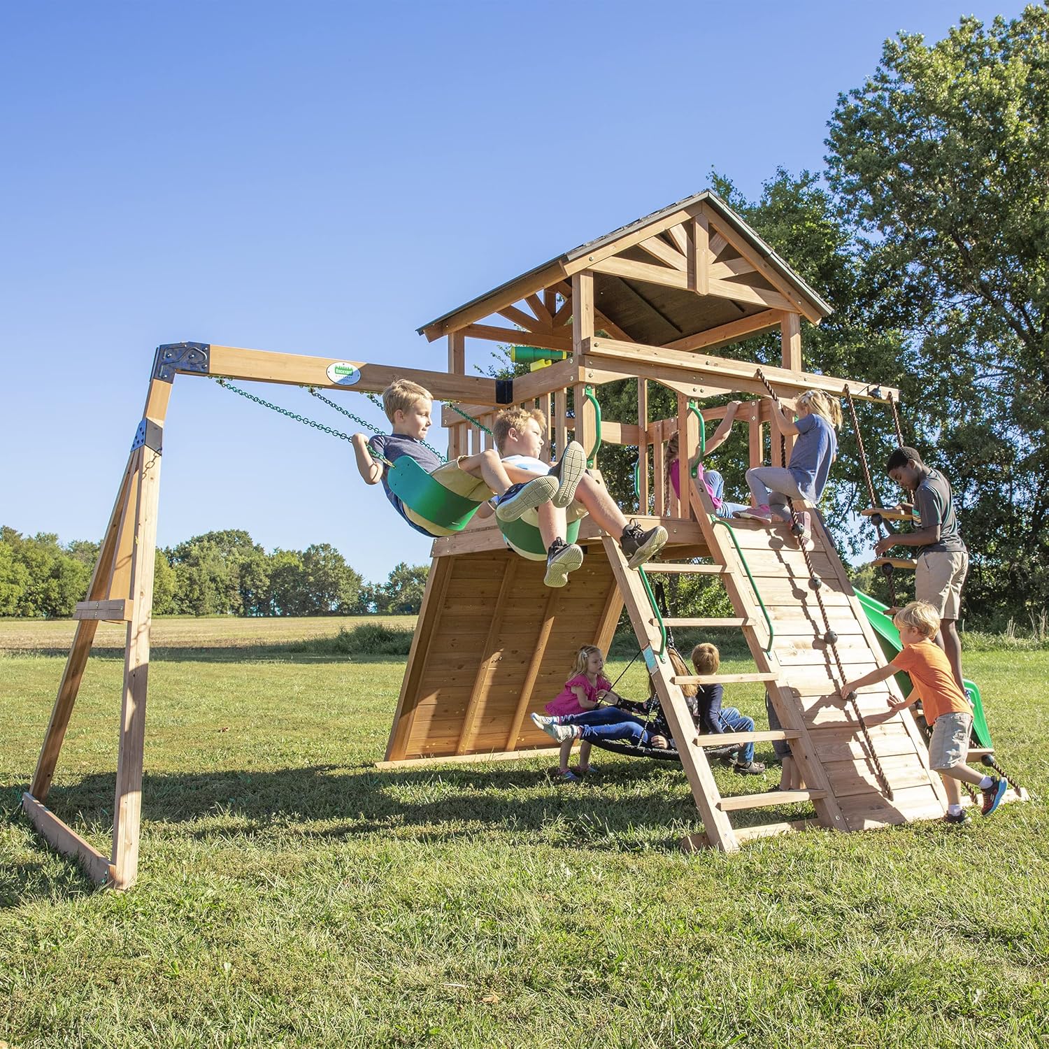 Backyard Discovery Endeavor All Cedar Wood Swing Set Playset for Backyard with Large Clubhouse Wave Slide Rope Ladder Rock Climbing Wall Wave Slide 2 Belt Swings and 1 Web Swing Gift for Ages 3-10 : Toys & Games