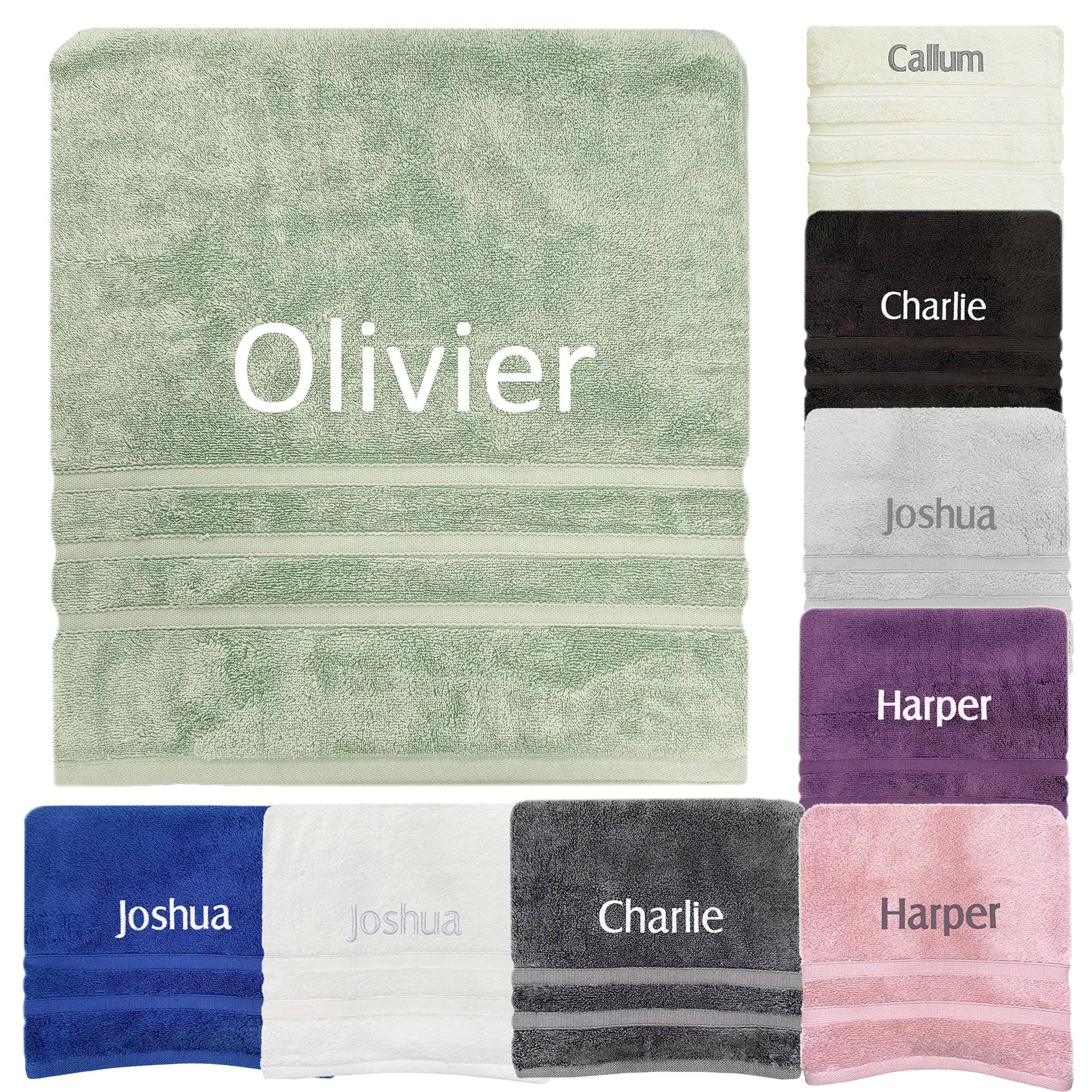 Jjlc Sage Green Personalised Towels Sets Bath Hand Bath Embroidered Name (, Jumbo Bath Sheet)