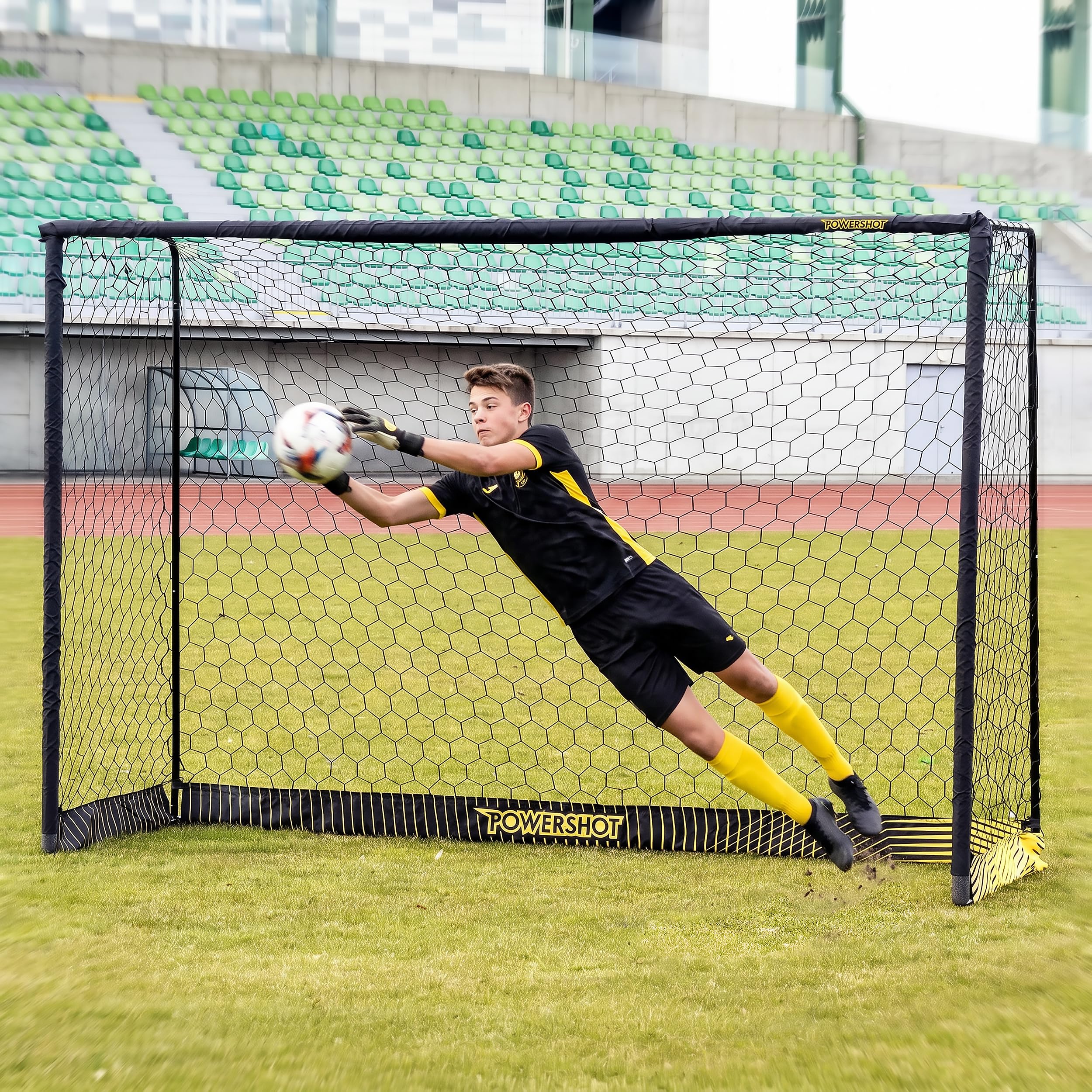Portería de fútbol de acero, varios tamaños, color negro, anclaje al suelo y bolsa de transporte, incluye