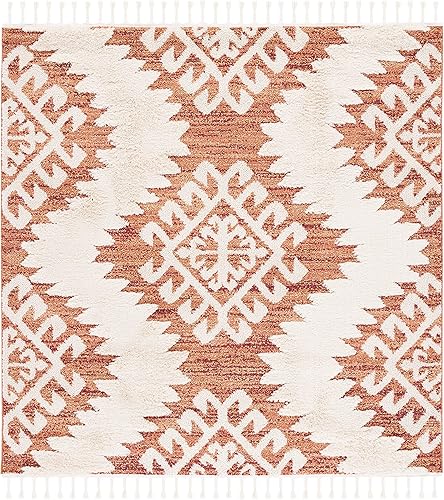 SAFAVIEH Tapete cuadrado marroquí con borlas, cuadrado de 4 pies, color naranja y marfil, diseño contemporáneo, ideal para zonas de alto tráfico en disponible en Yaxa Peru