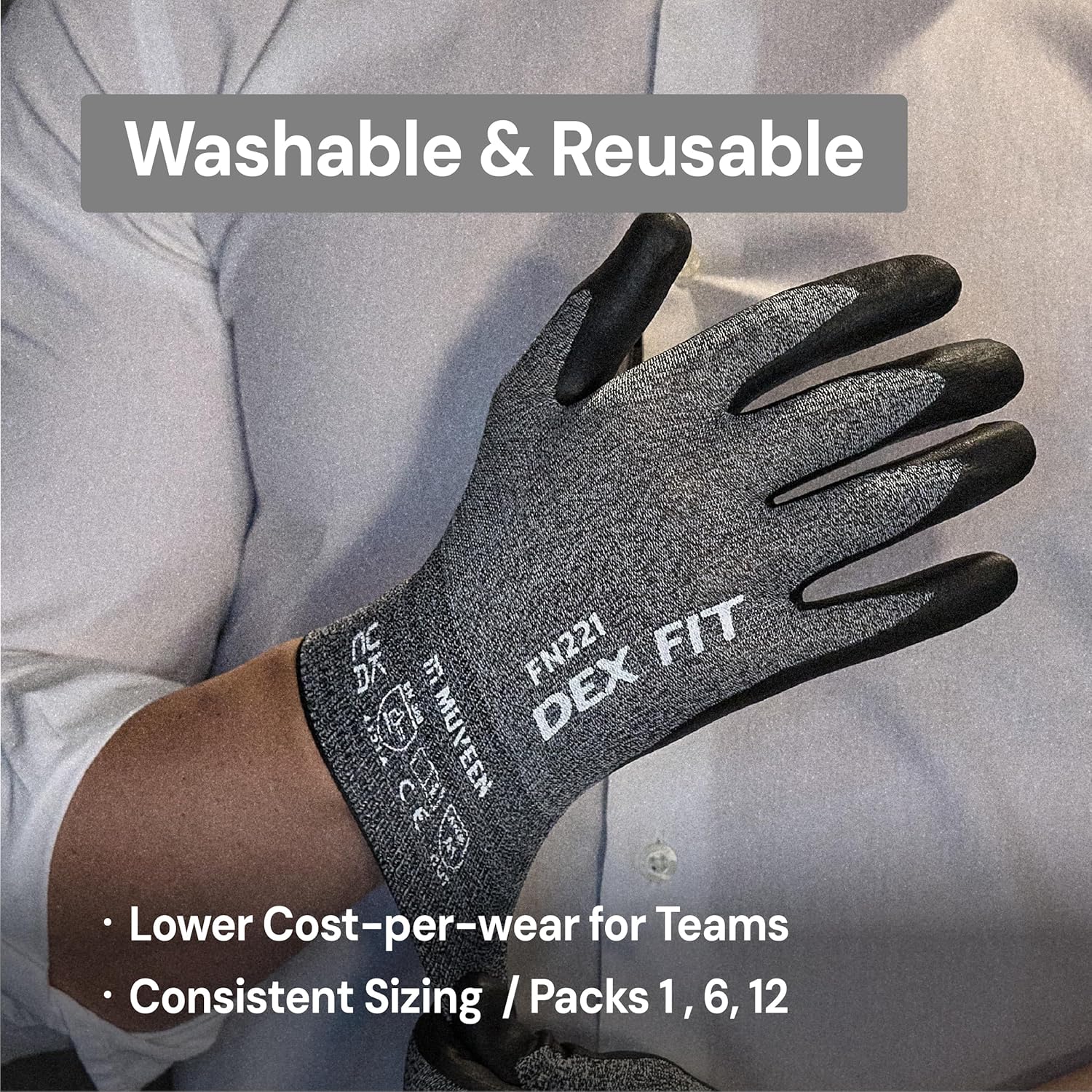 DEX FIT FN221 Thin Nitrile Coated Work Gloves — 15-Gauge 3D Comfort Fit, Power Grip Palm, Touchscreen
