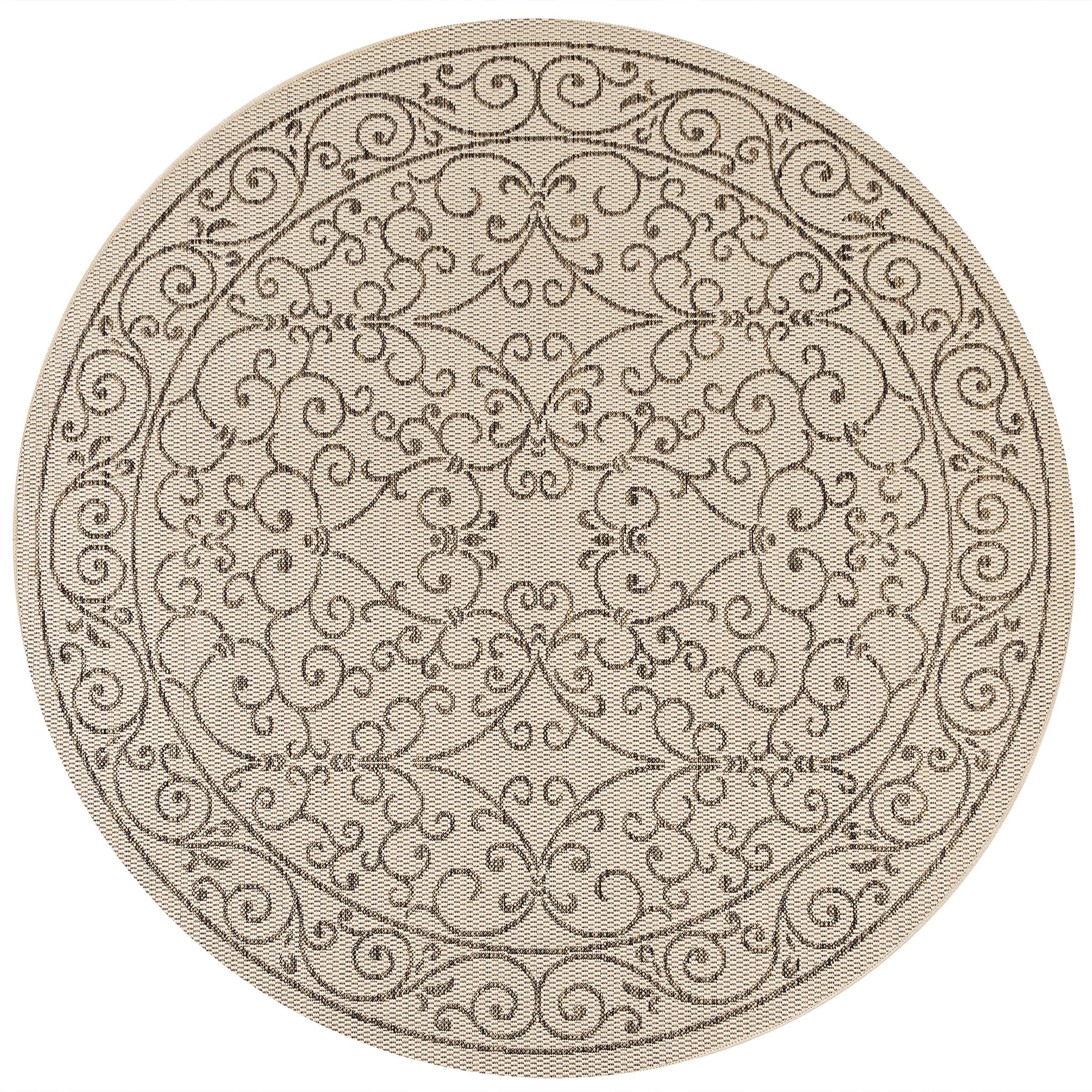 JONATHAN Y SMB106A-5R Charleston Vintage Filigree Textured Weave Indoor Outdoor Area-Rug Classic Coastal Easy-Cleaning Bedroom Kitchen Backyard Patio Non Shedding, 5' Round, Beige/Brown