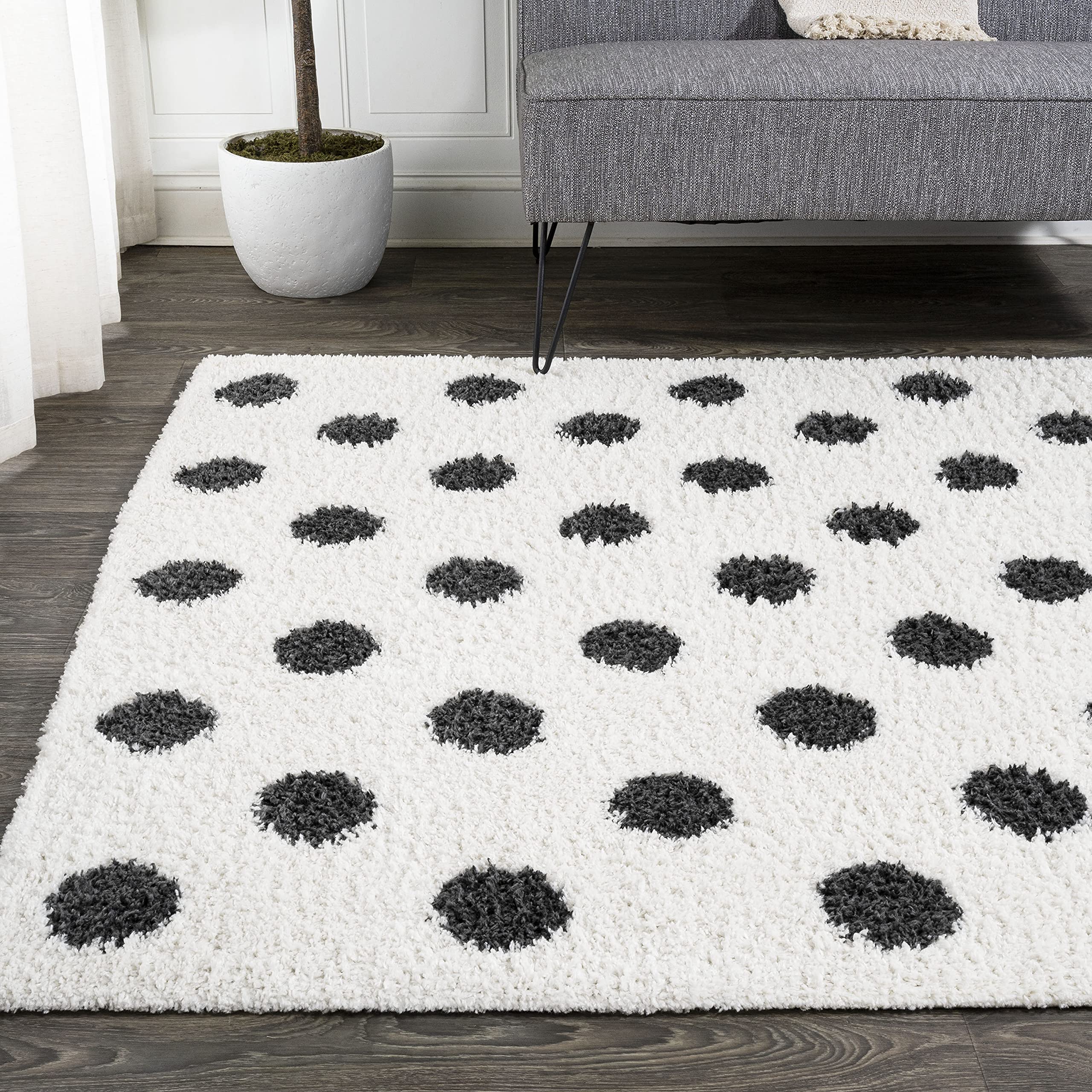 JONATHAN Y MOH411A-3 Pere Modern Charcoal Dot Shag Indoor -Area Rug Bohemian Contemporary Geometric Easy-Cleaning Bedroom Kitchen Living Room Non Shedding, 3 X 5, White/Black
