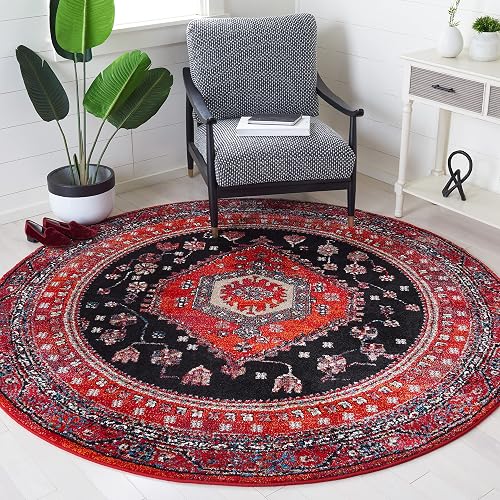 SAFAVIEH Vintage Hamadan Collection Area Rug - 6'7' Round, Red & Black, Traditional Oriental Design, Non-Shedding & Easy