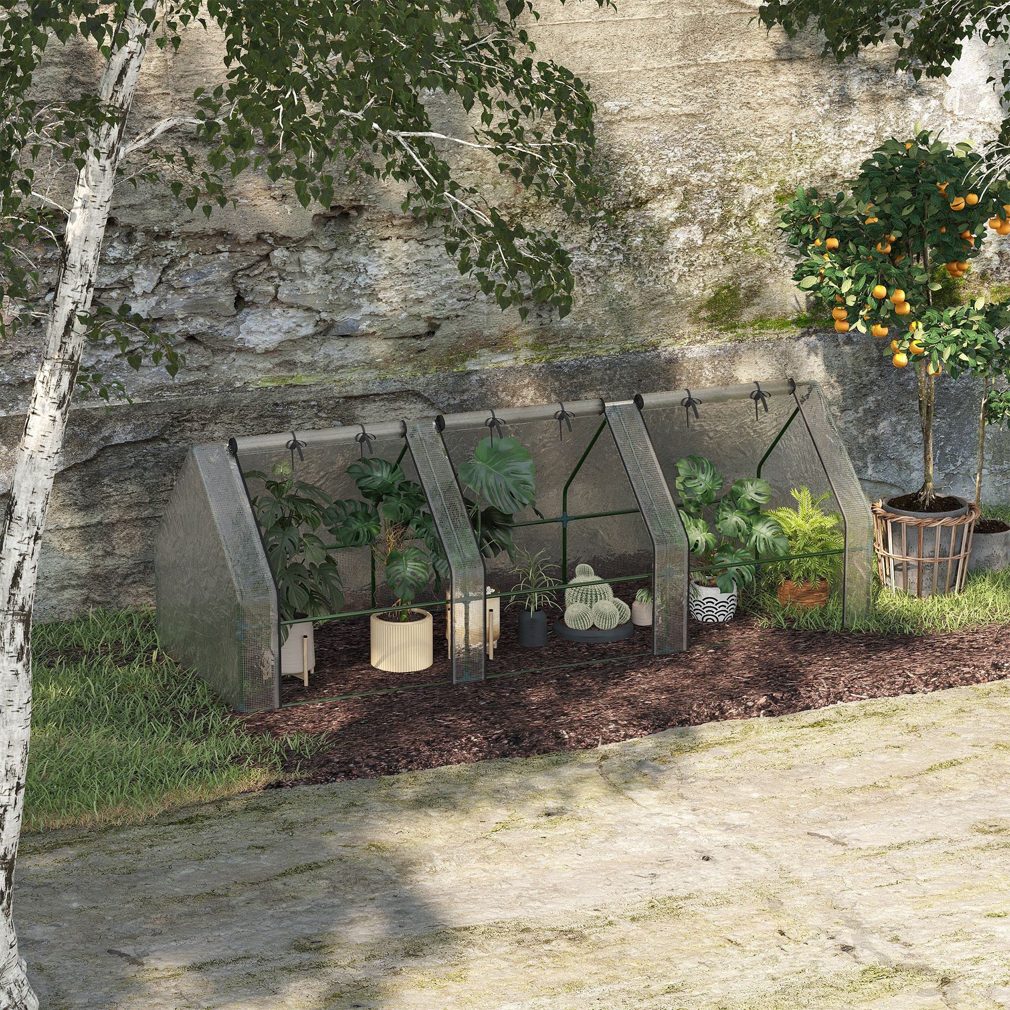 Outsunny Mini Serre de Jardin Mini Serre Tunnel 270L x 90l x 90H cm Toit Pointu Acier PE Haute densité 140 g/m² Anti-UV fenêtres avec Zip enroulables Blanc