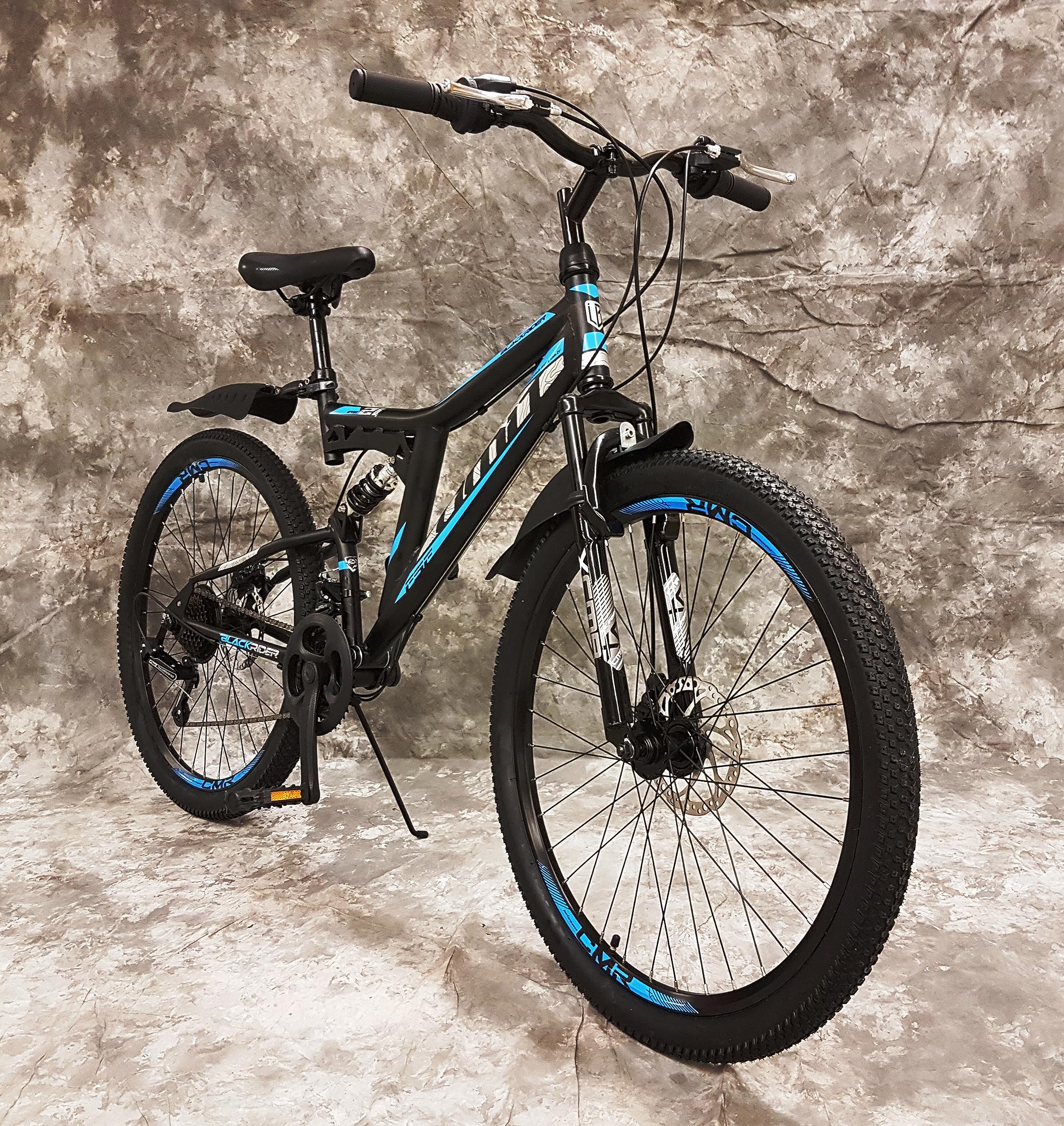 Generisch 26 Zoll MTB Blackrider Vollgefedert 21-Gang Kettenschaltung mit Scheibenbremsen NEU 2638-SCHWARZ-BLAU Bitte BEACHTEN AB 155 cm KÖPERGRÖSSE GEEIGNET !!!!!!!