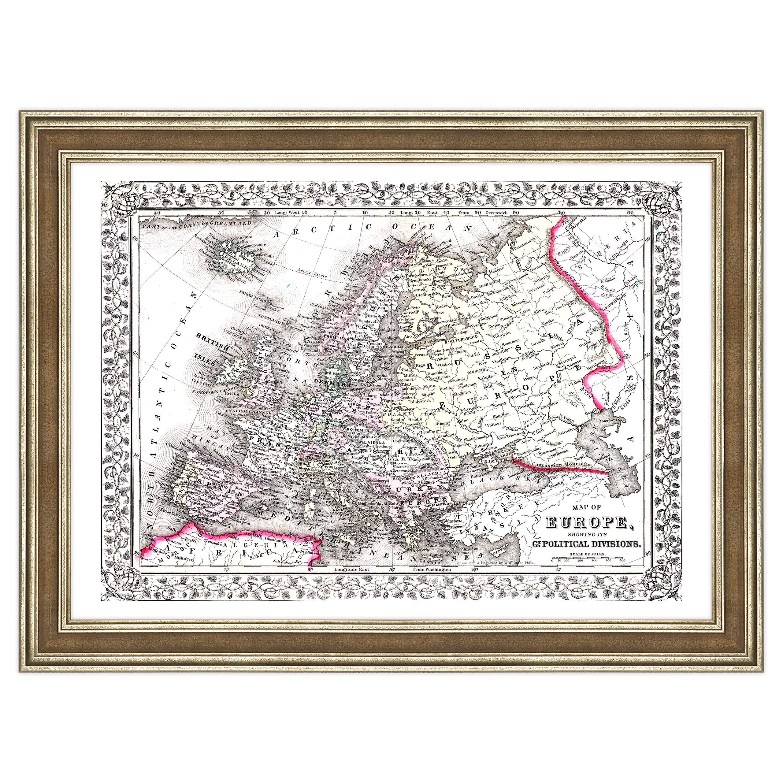 Poster et impression avec cadre classique – Carte de l'Europe de 1870 (462)