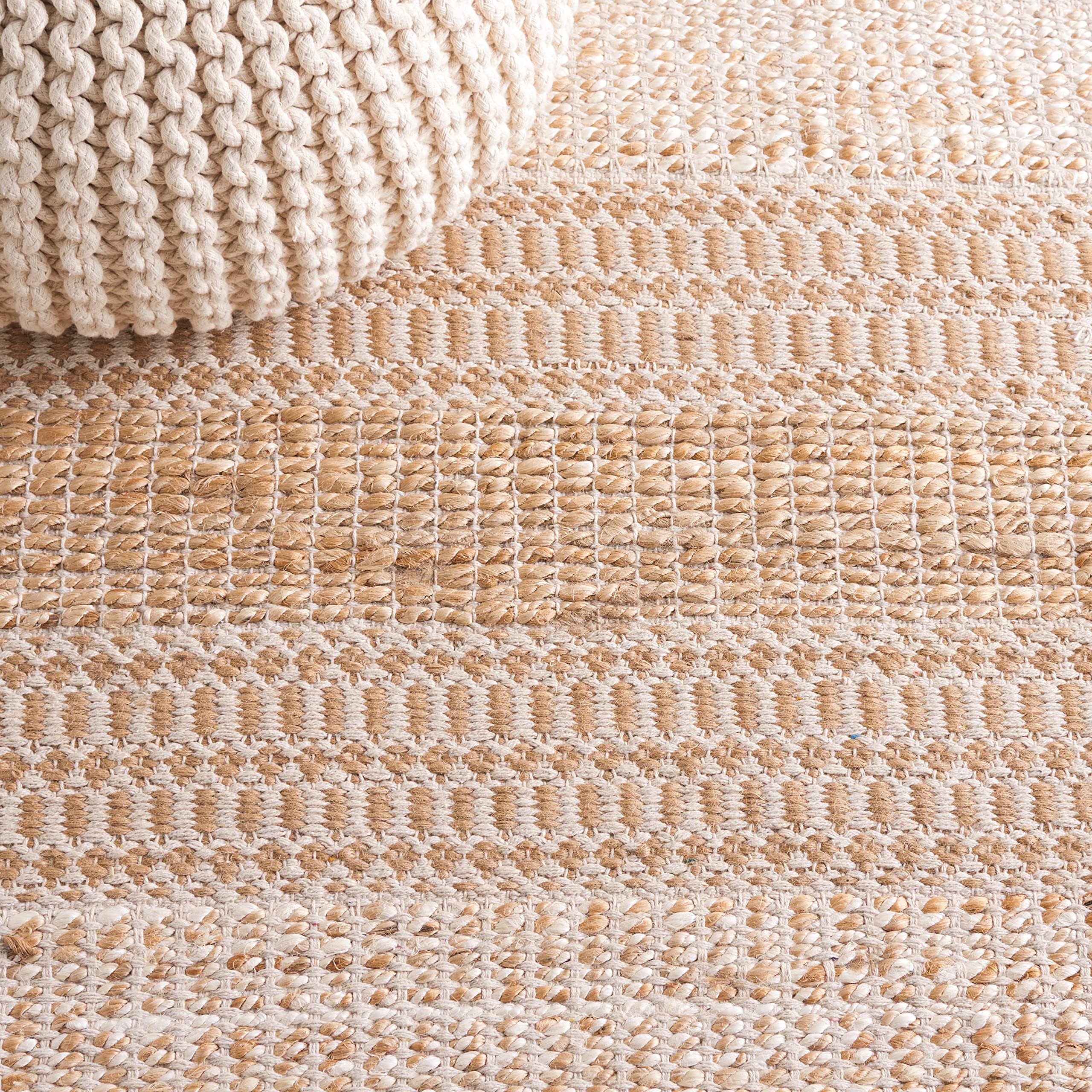Condition photo showing Good Condition for safavieh natural fiber collection accent rug - 3' x 5', ivory & natural, handmade flat weave stripe jute & cotton, ideal for high traffic areas in entryway, living room, bedroom (nfb652a)
