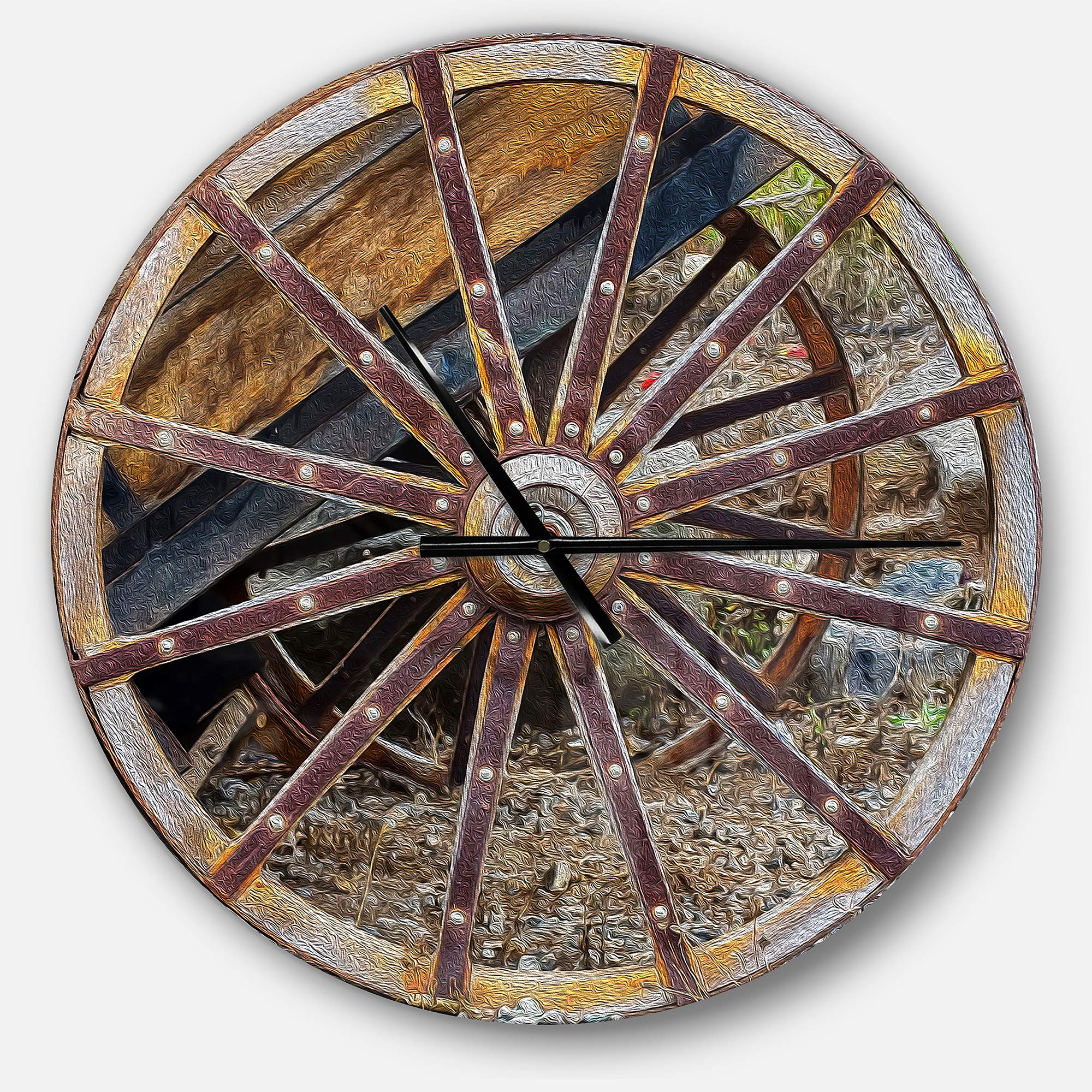 Designart 'Antique Cottage Wood Cart Wheel' Oversized Rustic Metal Clock Large Wall Clock Large Decorative Clock Wall Clock for Living Room Office Decoration