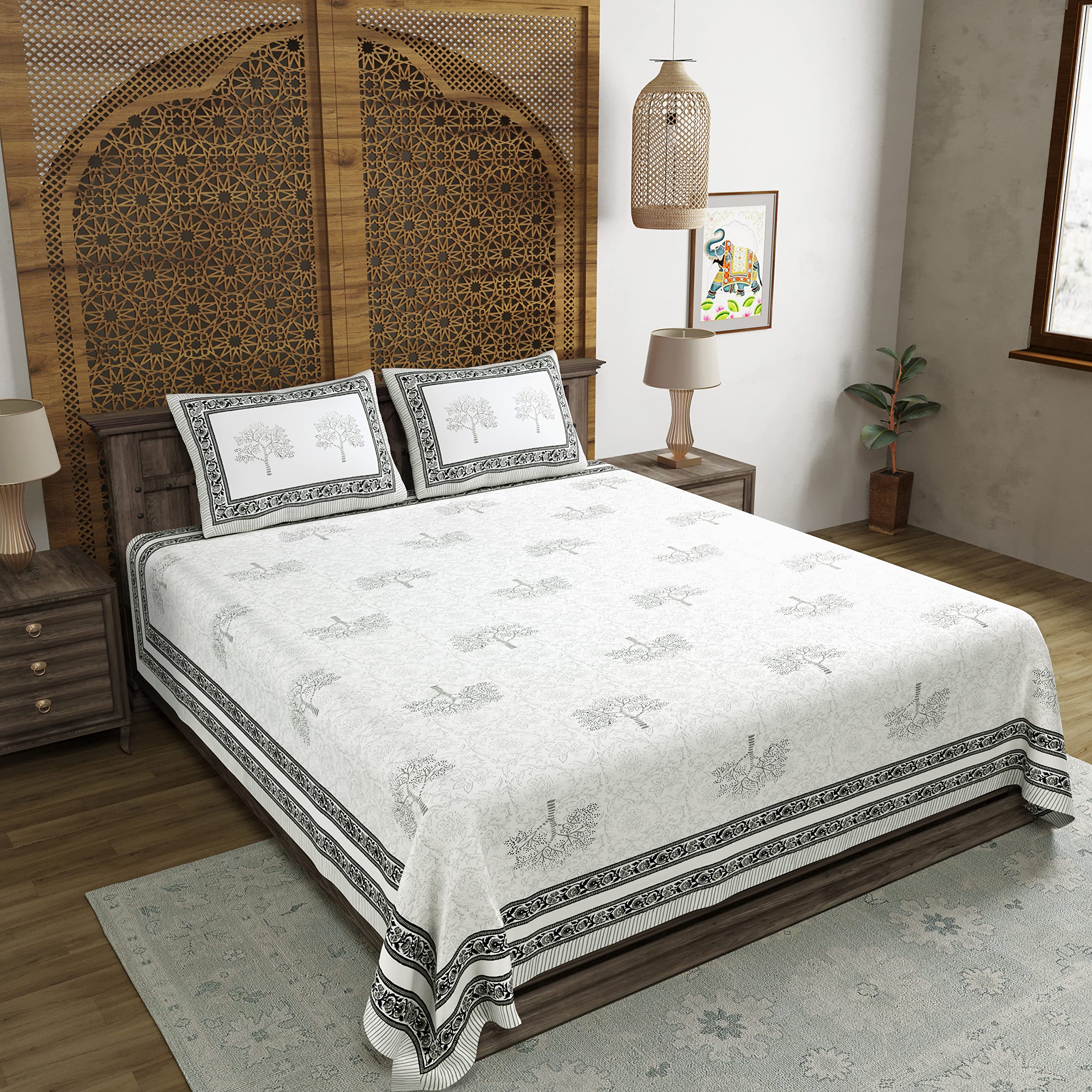 BLOCKS OF INDIA Hand Block Printed 200 TC Cotton King Size Bedsheet (Black) 2