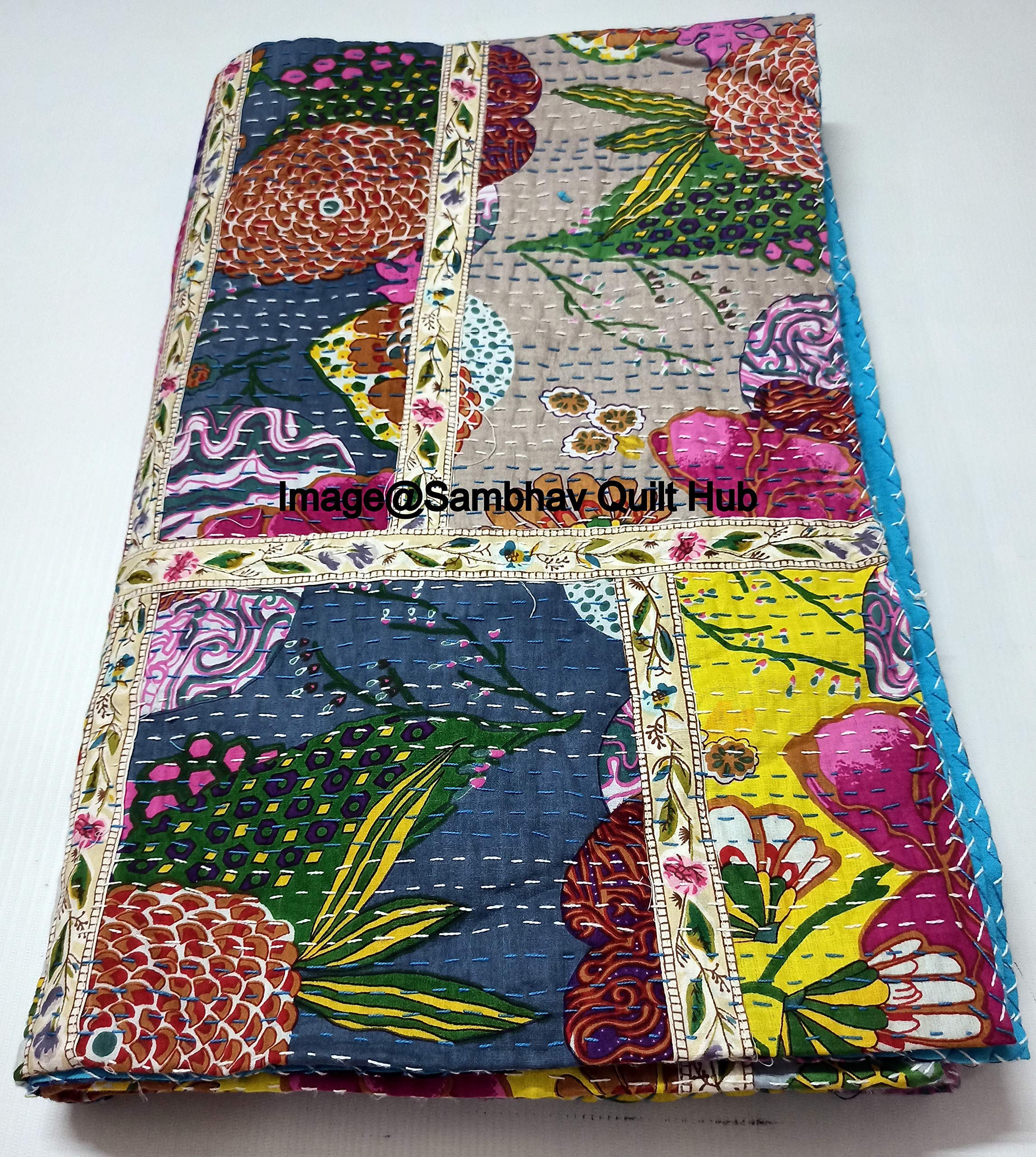 Manta reversible con estampado floral de remiendo de frutas y menos impresión, colcha de Kantha india, colcha de Kantha con costuras étnicas, bohemia, estampado floral Kantha (300 x 208 pulgadas)