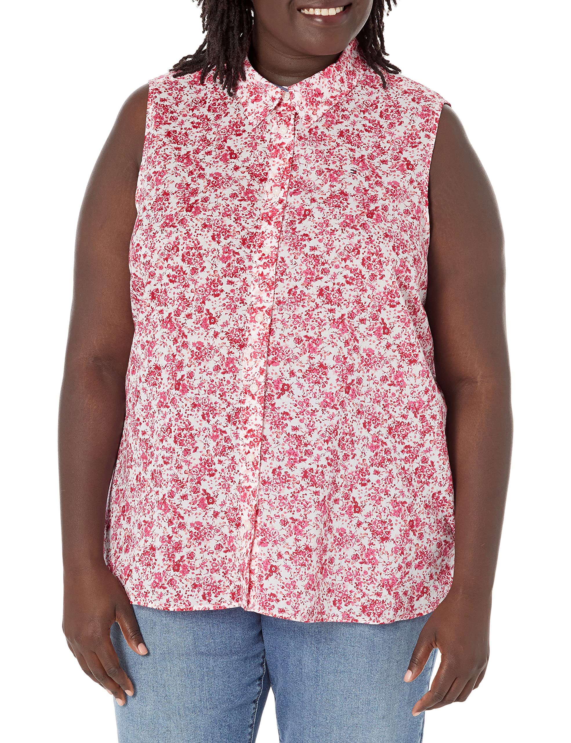 Tommy Hilfiger Women's Sportswear Button Down, Floral Scarlet, 2X