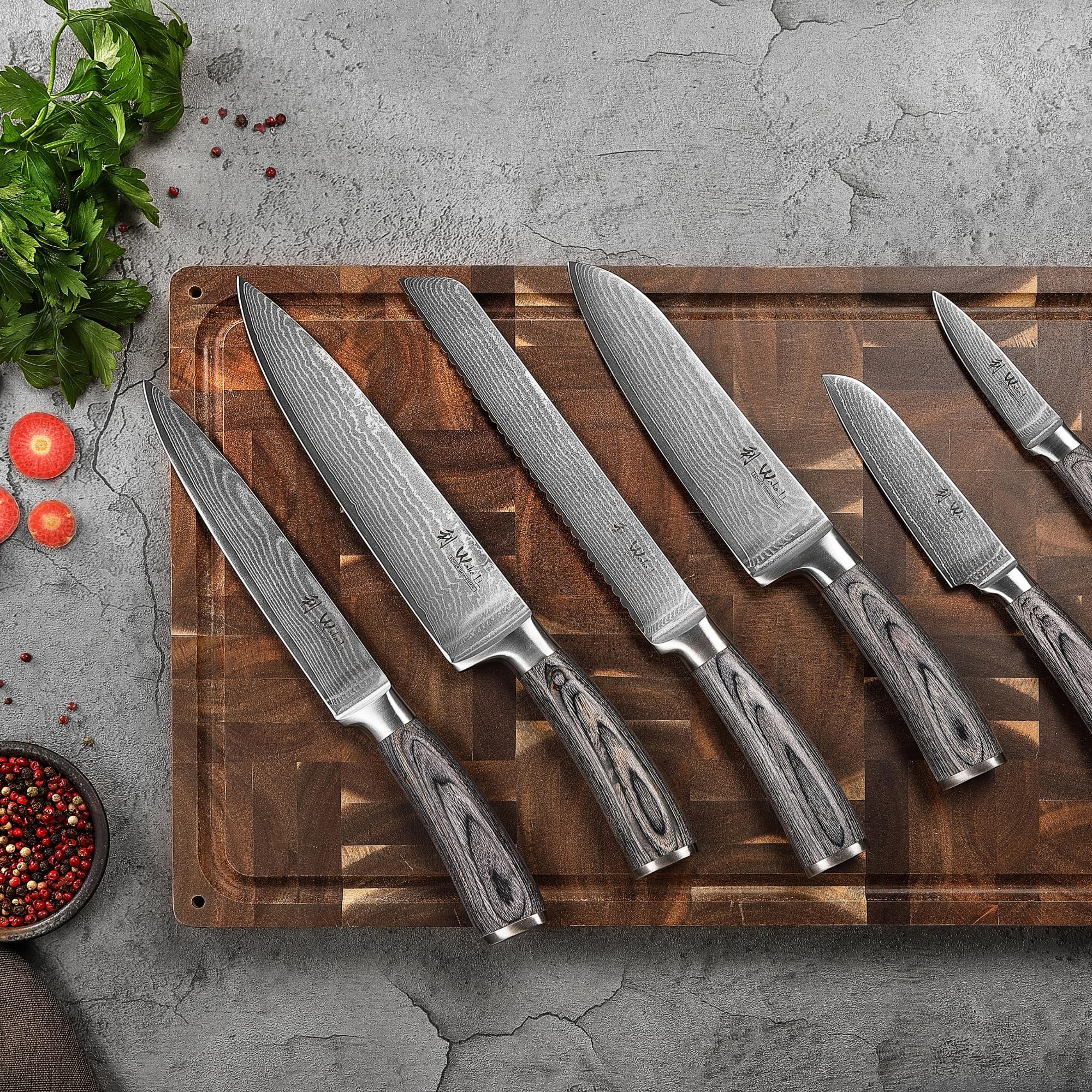 Wakoli EDIS Set coltelli da cucina professionali, 6 pezzi, acciaio Damasco