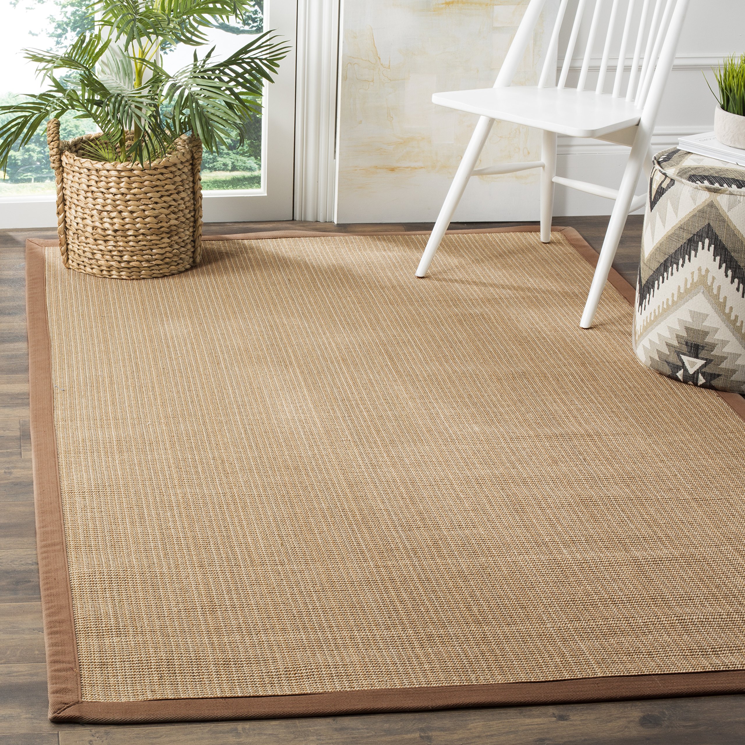 SAFAVIEH Area Rug 8 x 10 - Natural Fiber Collection - Large - Multi & Light Brown, Sisal, Stripe Border Design, Ideal for Living Room, Bedroom, Dining Space (NF132D)