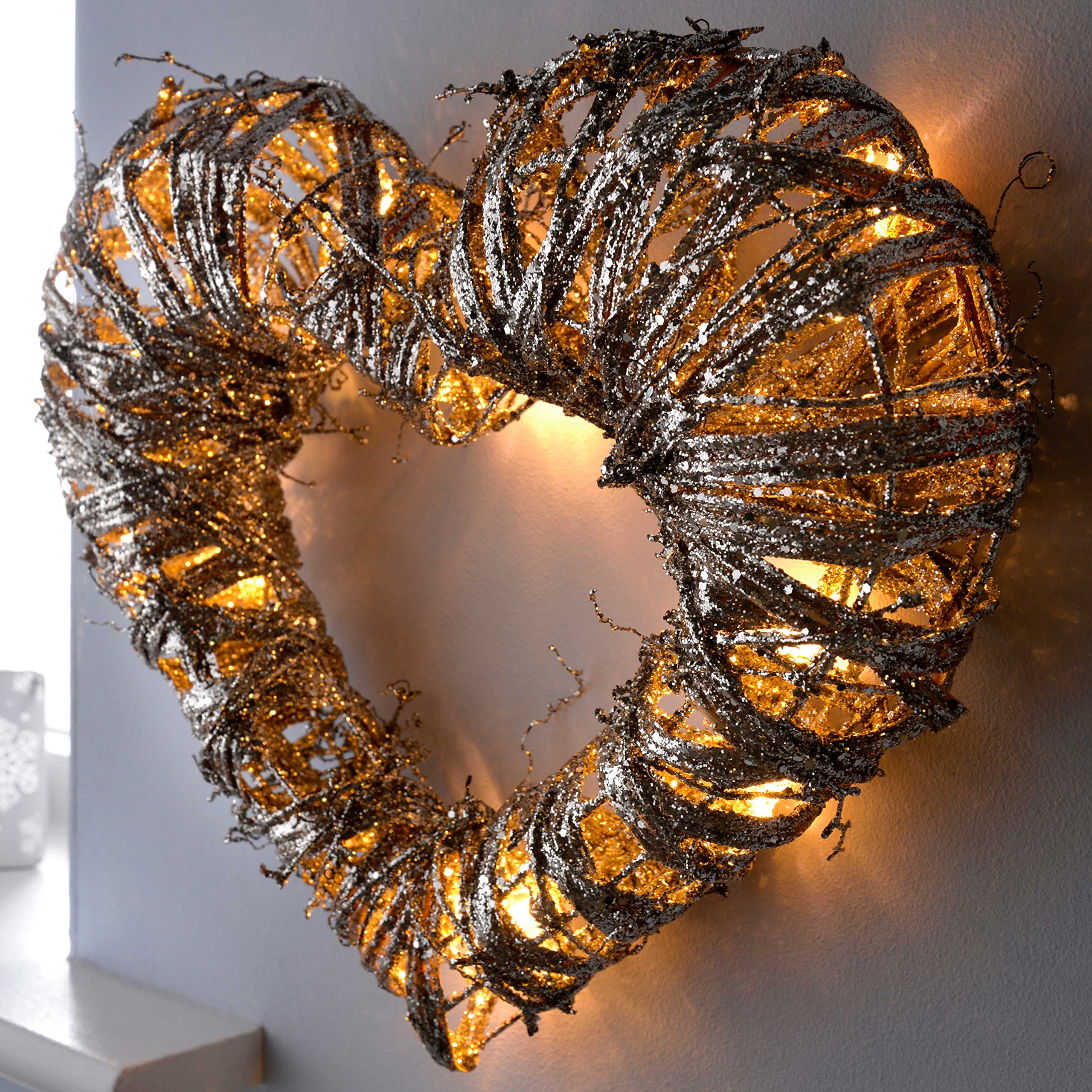 WeRChristmas Pre-Lit Silver Woven Rattan Warm White LED Heart Decoration with Dusting of Glitter, 38 cm - Multi-Colour - Image 2