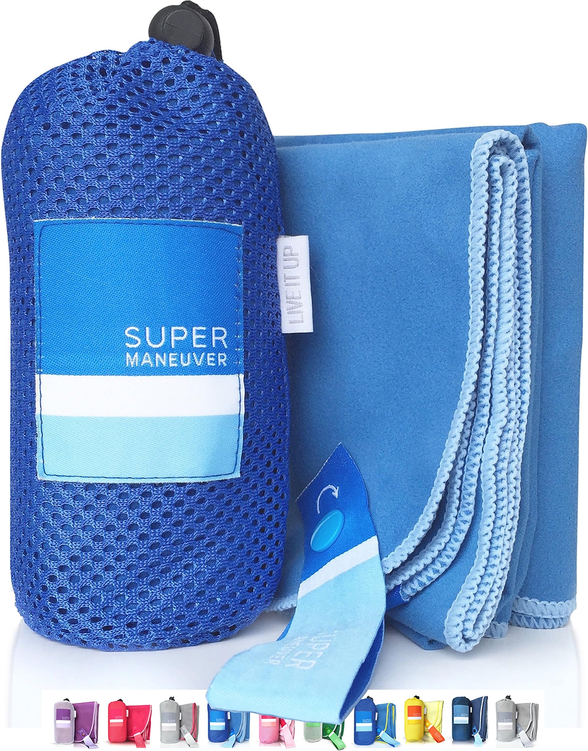 Super Towel for Sports, Travel & Beach — Lightweight, Compact, Absorbent, Quick-Dry, Soft Microfiber Suede — For the pool, bath, gym, yoga, hiking, camping & outdoors (Blue+Light Blue, M (20x40"))
