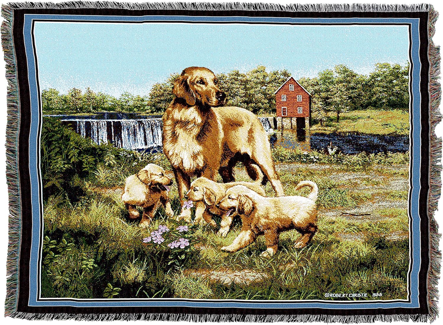 Pure Country Weavers Golden Retriever with Puppies Dog Woven Blanket by Bob Christie - Gift Cotton Tapestry Throw - Made in The USA - 72" x 54"