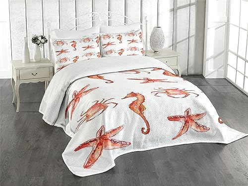 Ambesonne Nautical Bedspread, Crab Seahorse Starfish Hand Drawn Underwater Sea Creatures Ocean Image, Decorative Quilted 3 Piece Coverlet Set with 2